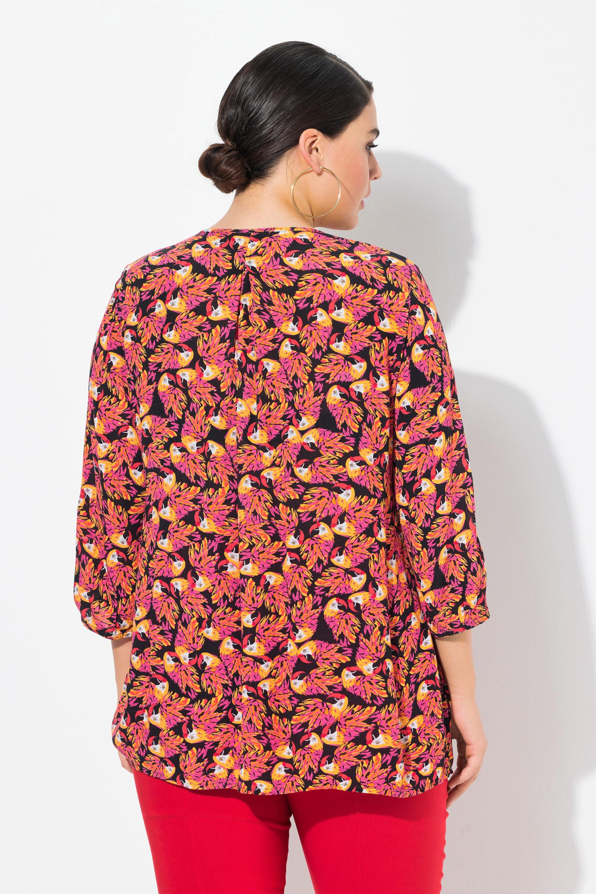 Ulla Popken Smok-Bluse, Patchdruck, A-Linie, Rundhals, 3/4-Arm