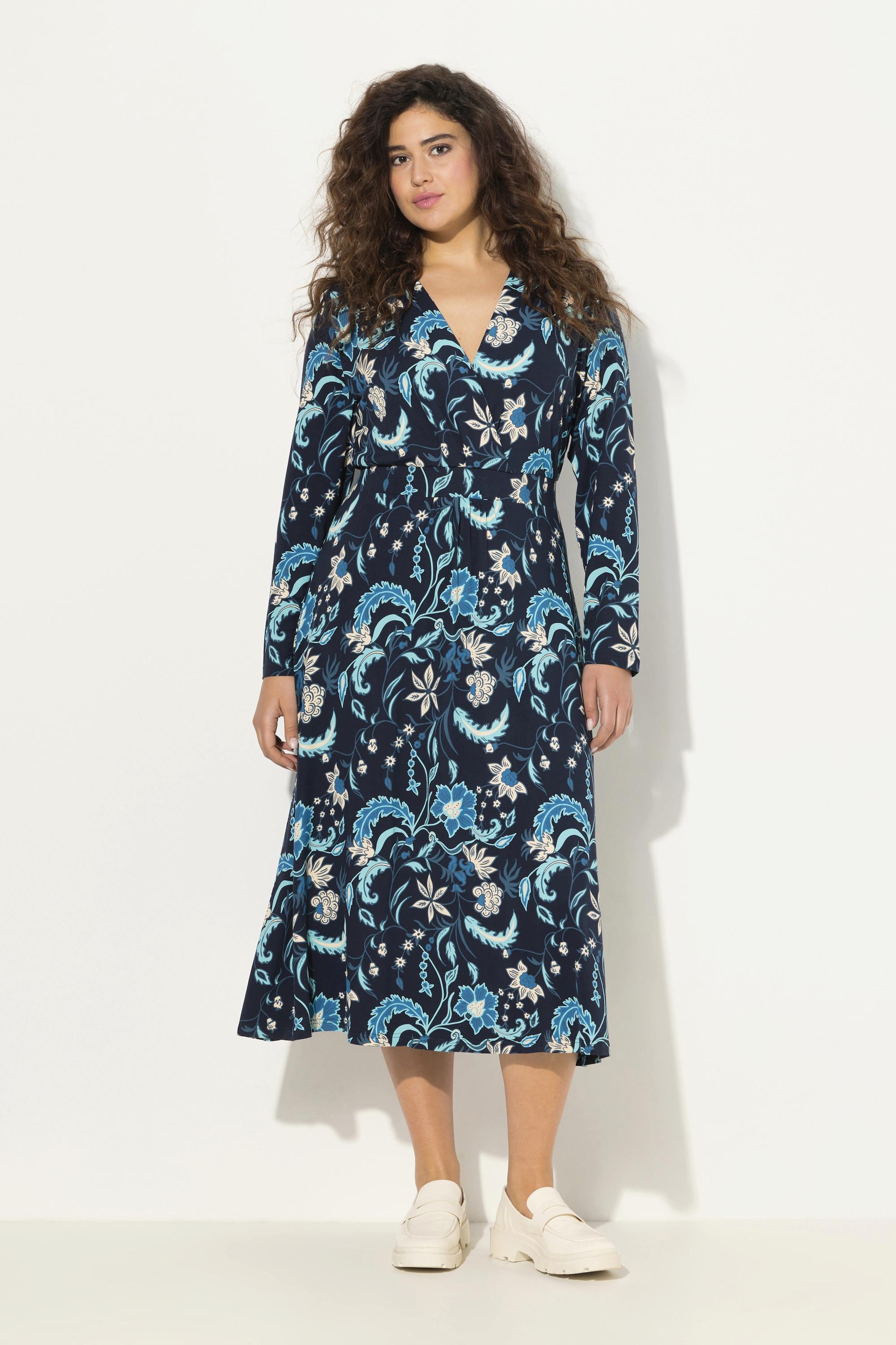 Ulla Popken Jersey Midikleid A-Linie V-Ausschnitt Langarm