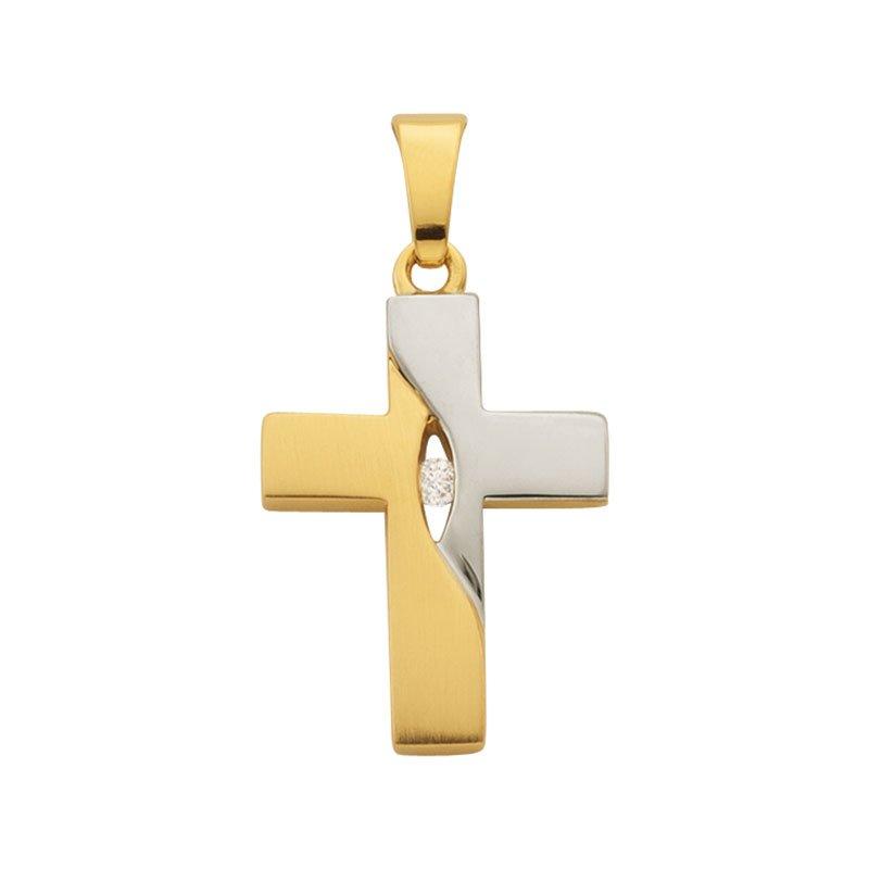 MUAU Schmuck Anhänger Kreuz Gelbgold 750 Diamant 0.02ct. 22x12mm