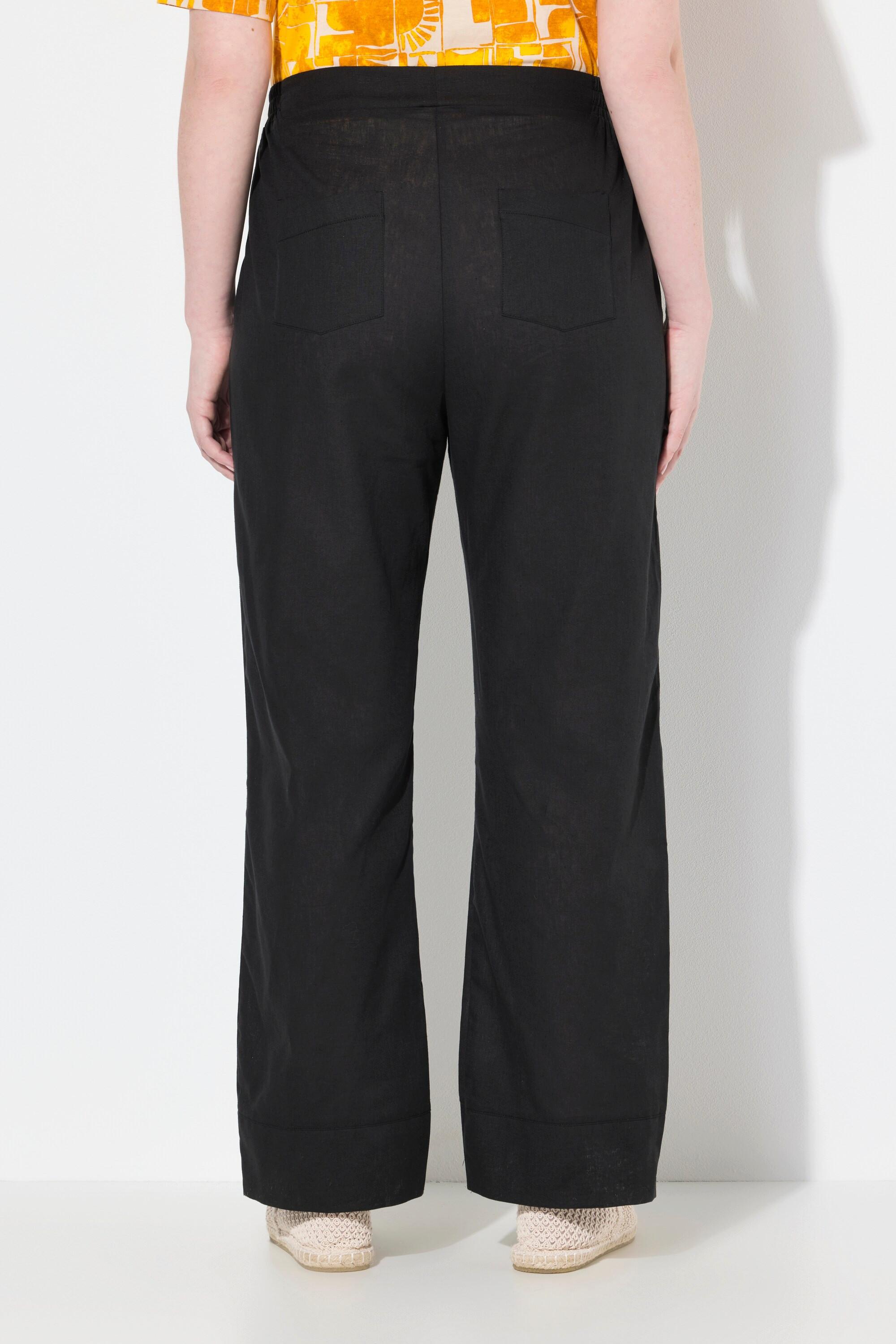 Ulla Popken Hose, Leinenmix, Schmucksaum, weites Bein, Biobaumwolle