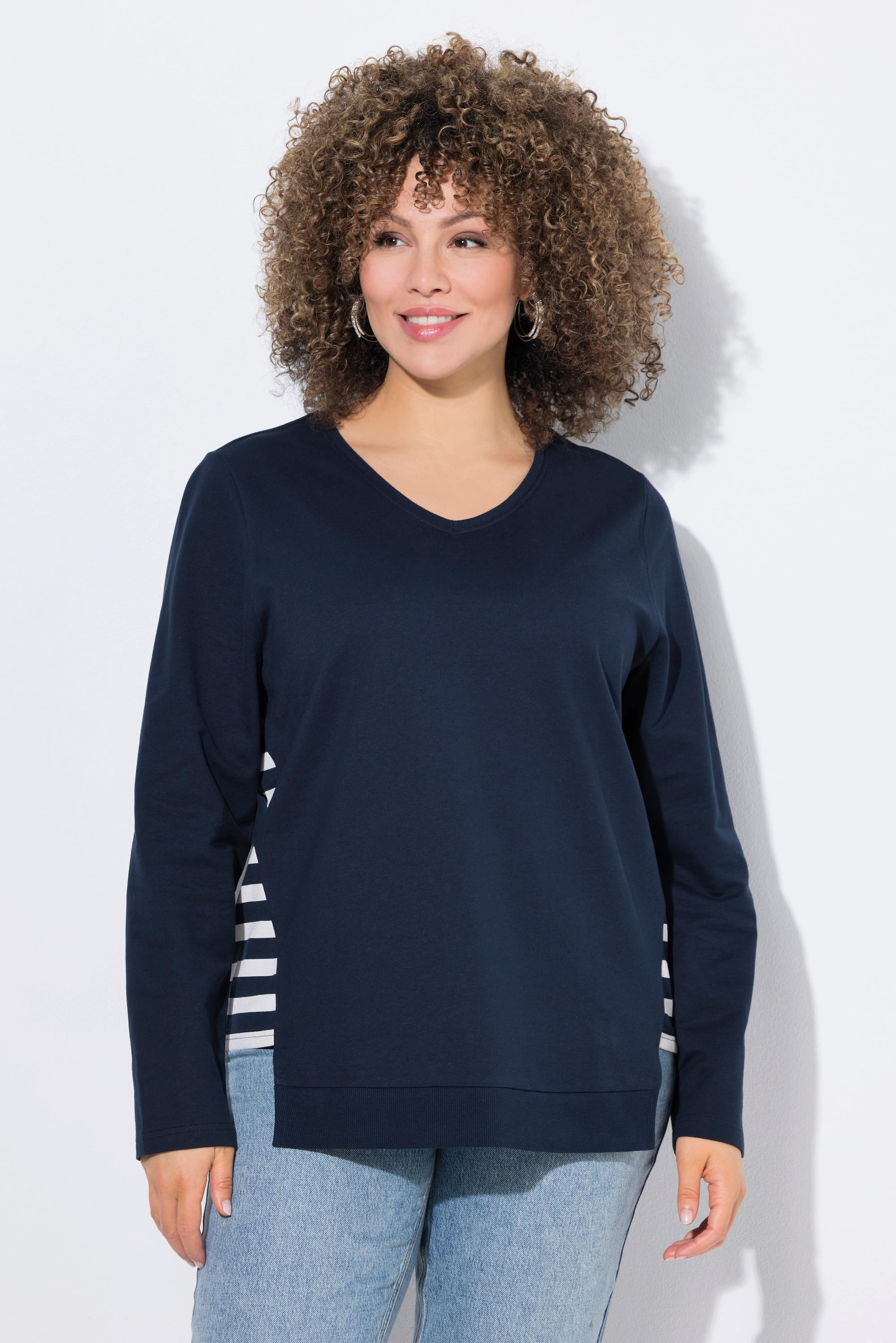 Ulla Popken Sweatshirt, Streifen, A-Linie, V-Ausschnitt, Langarm