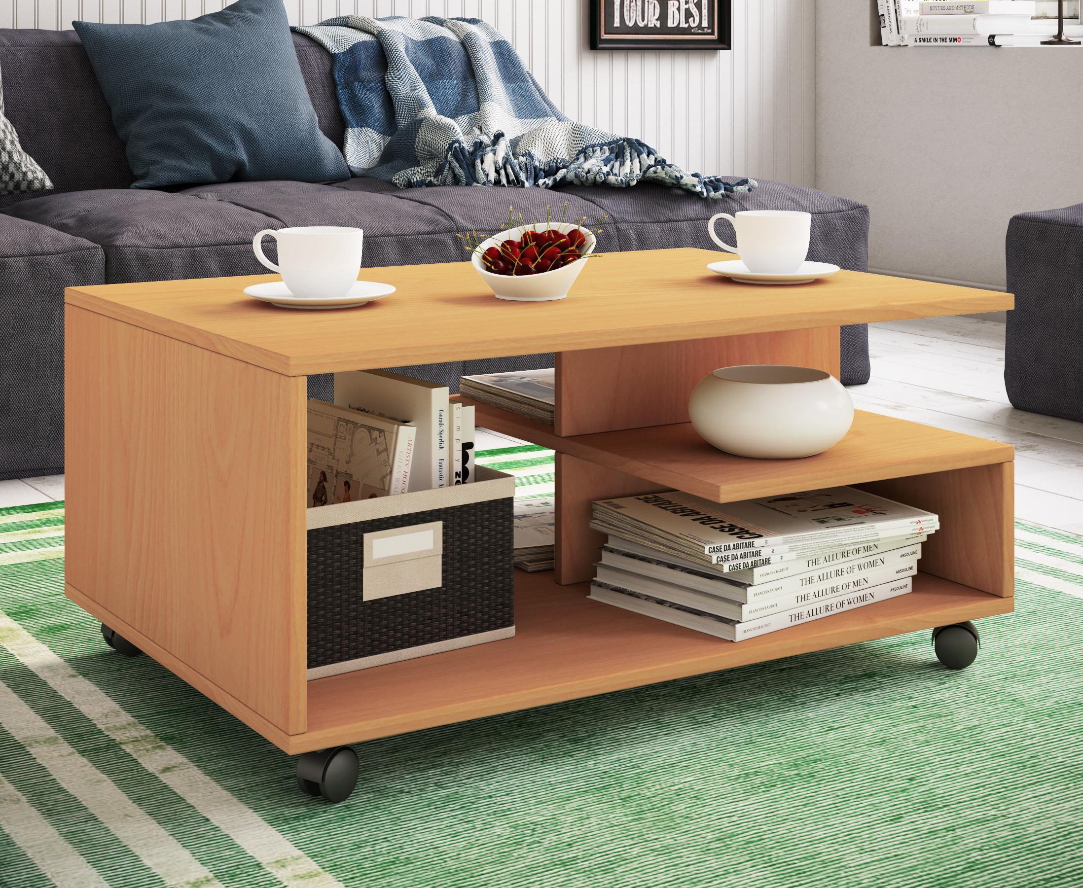 VCM Holz Couchtisch schlicht | Sofatisch Rollen | Maße ca. H. 41 x B. 80 x T. 50 cm | rollbar Kaffeetisch - Stango L