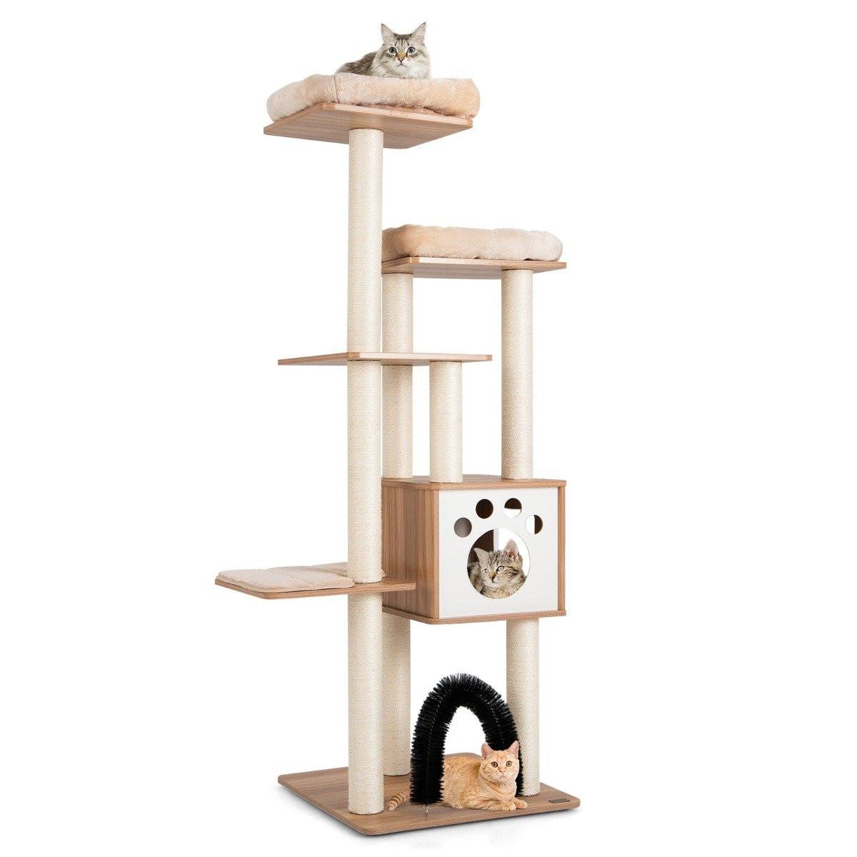B2X 6-stöckiger Kratzbaum mit Gemütlicher Matten & Höhle & Katzenbogen Beige