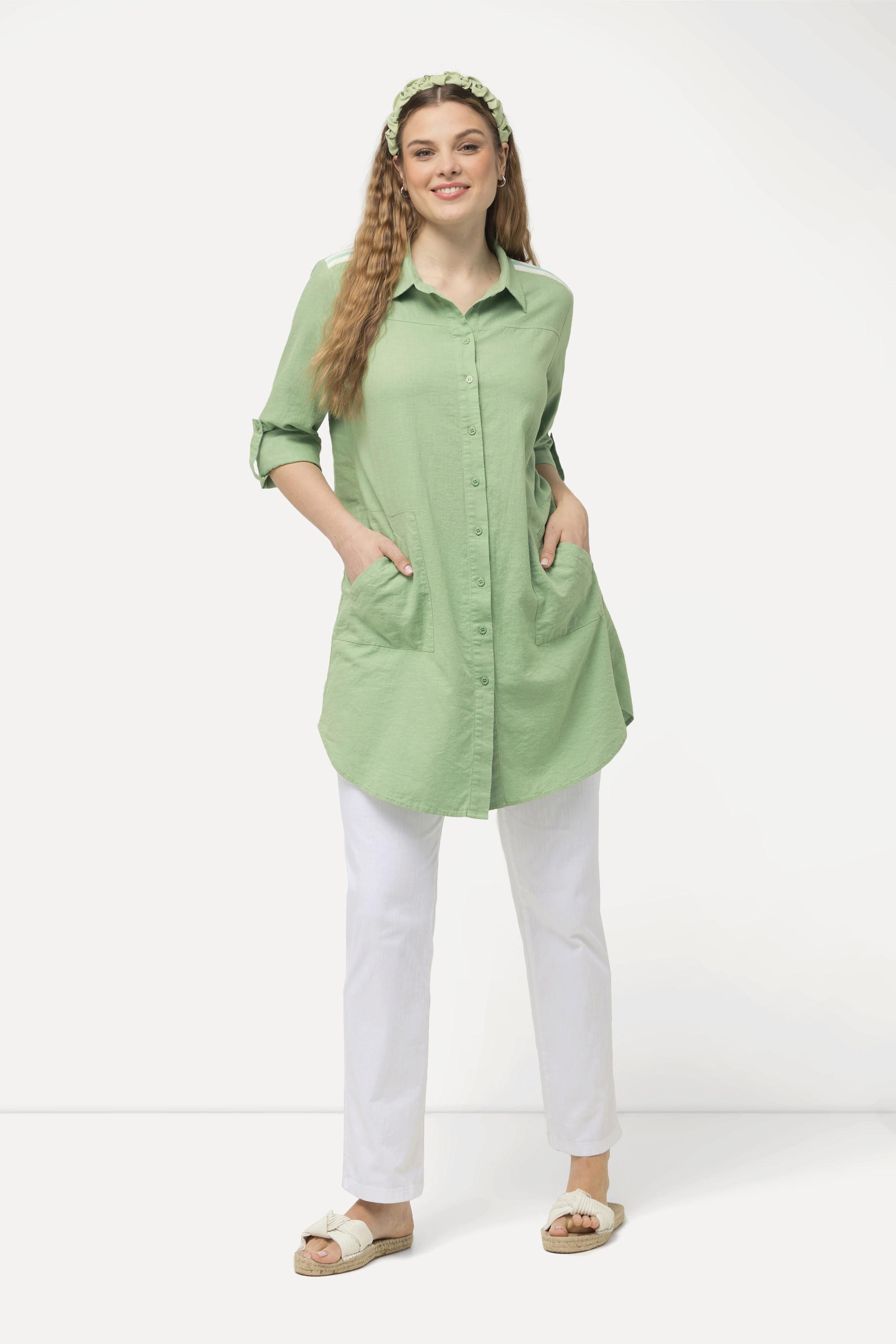 Ulla Popken Longbluse Leinenmix Streifenband Hemdkragen Langarm