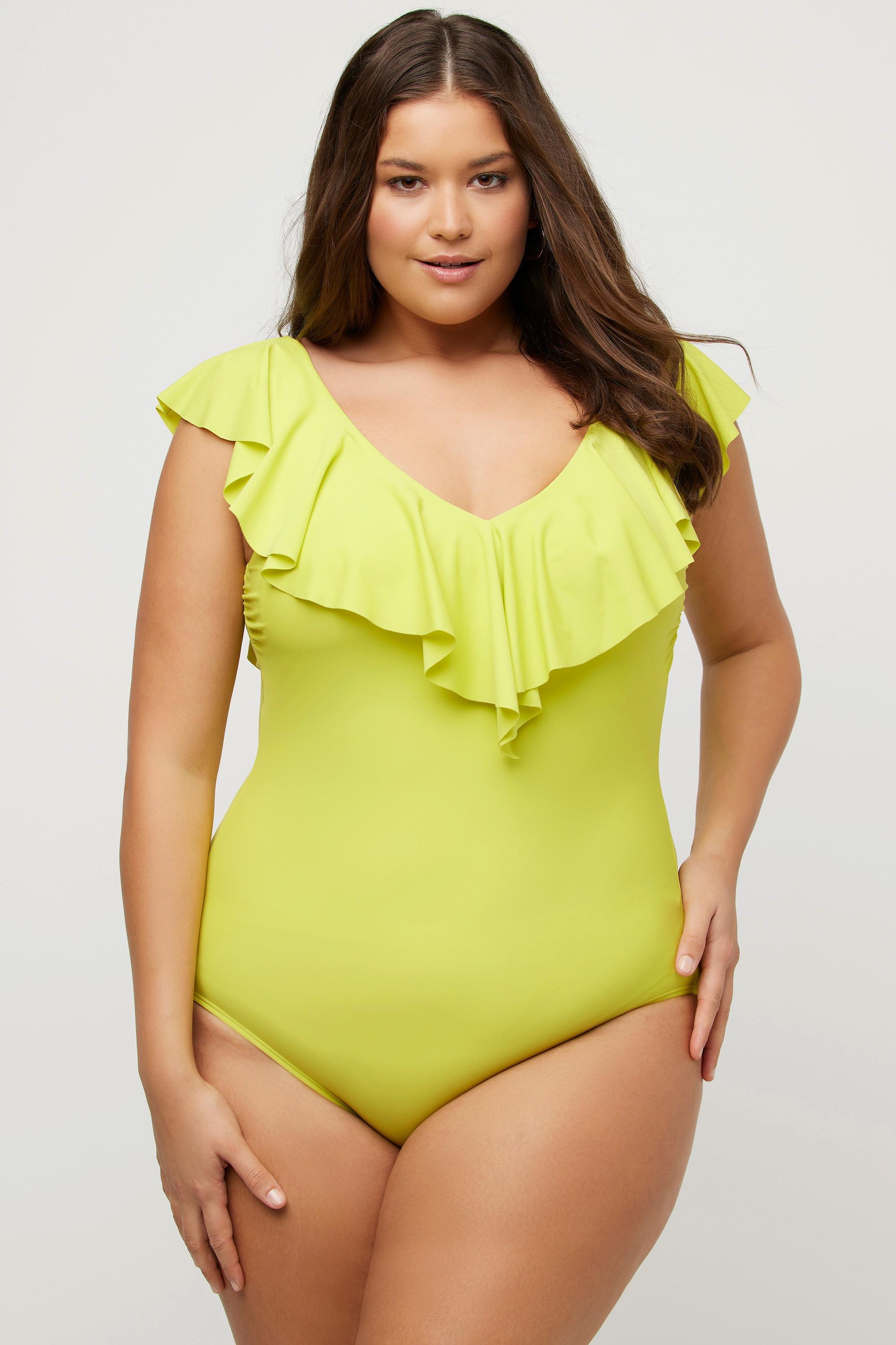 Ulla Popken Badeanzug, Volant, V-Ausschnitt, Softcups