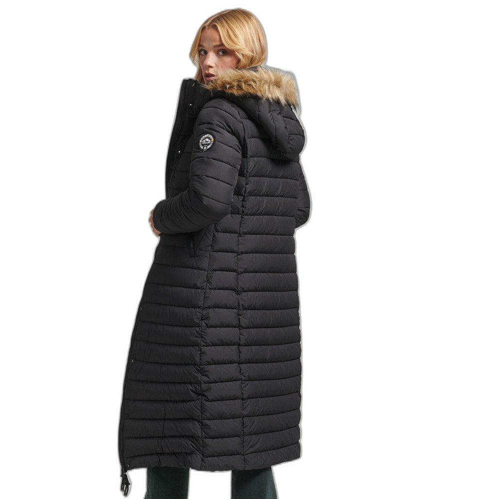 Superdry lange, leichte daunenjacke mit kapuze und kunstpelz, damen