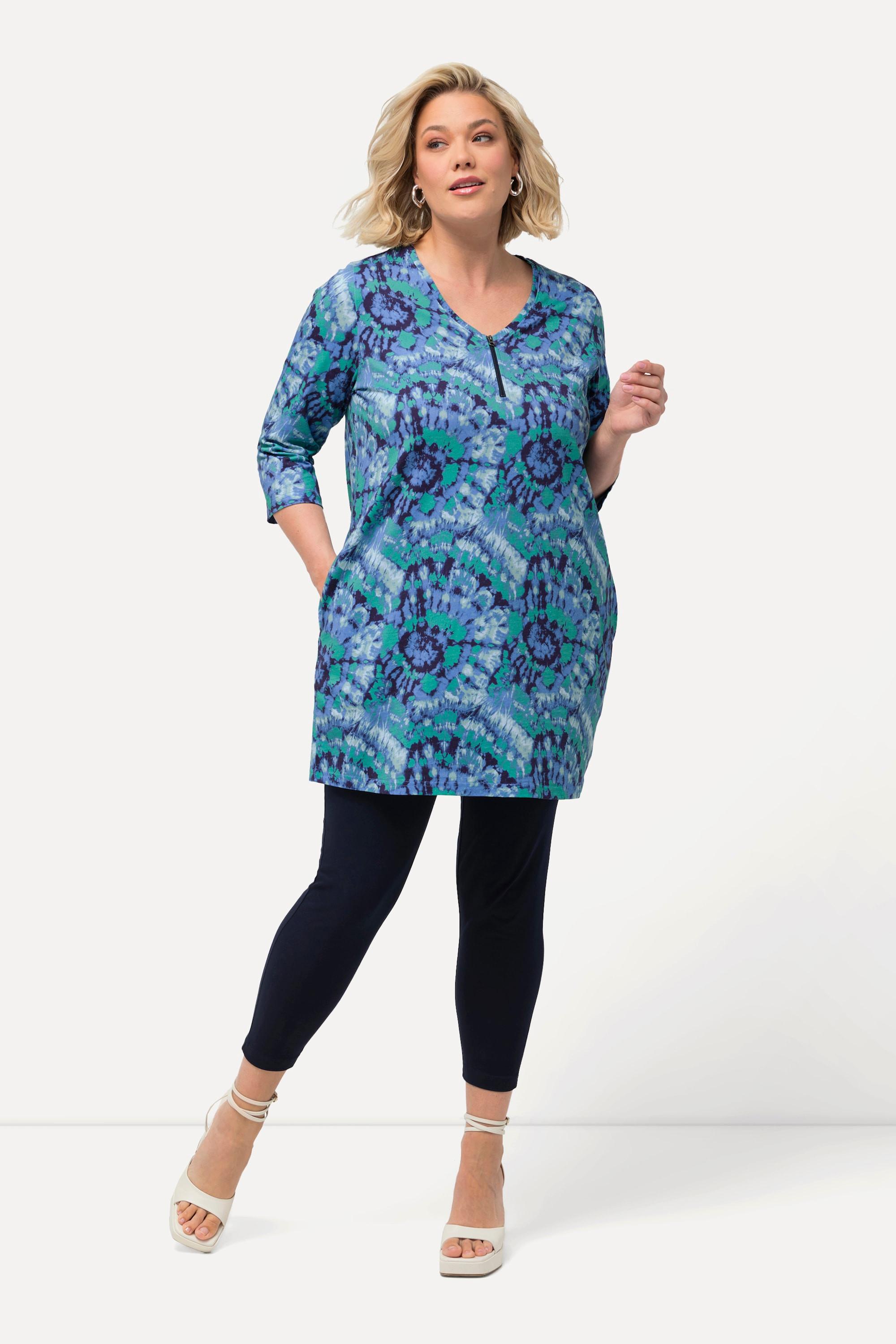 Ulla Popken Longshirt Batikmuster Zipper V-Ausschnitt 3/4-Arm