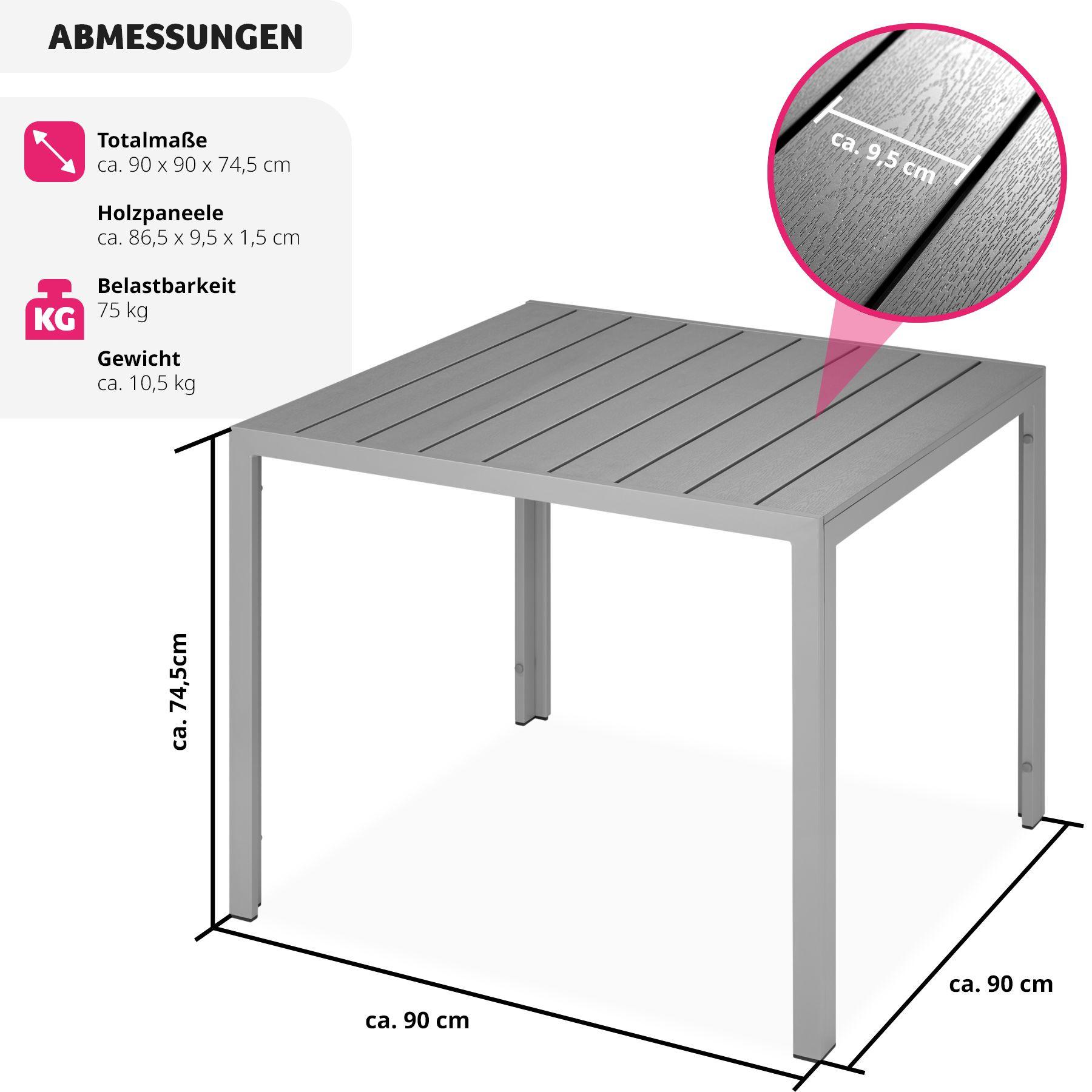 Tectake Aluminium Gartentisch Maren höhenverstellbare Füsse 90x90x74,5cm