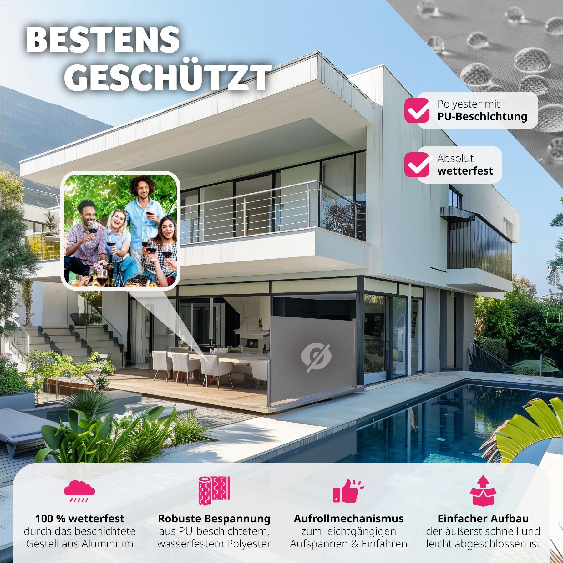 Tectake Aluminium Seitenmarkise ausziehbar mit Aufrollmechanismus