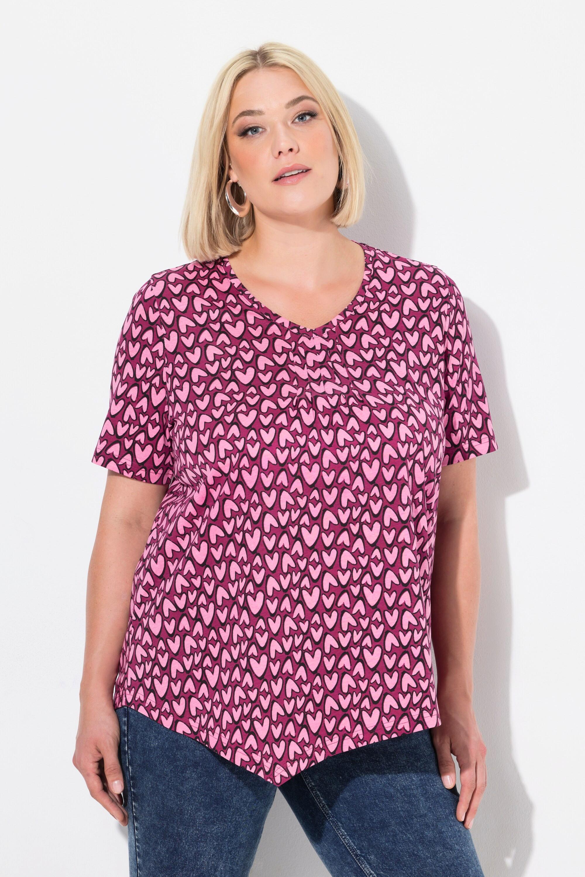 Ulla Popken T-Shirt Herzen Zipfelsaum V-Ausschnitt Halbarm
