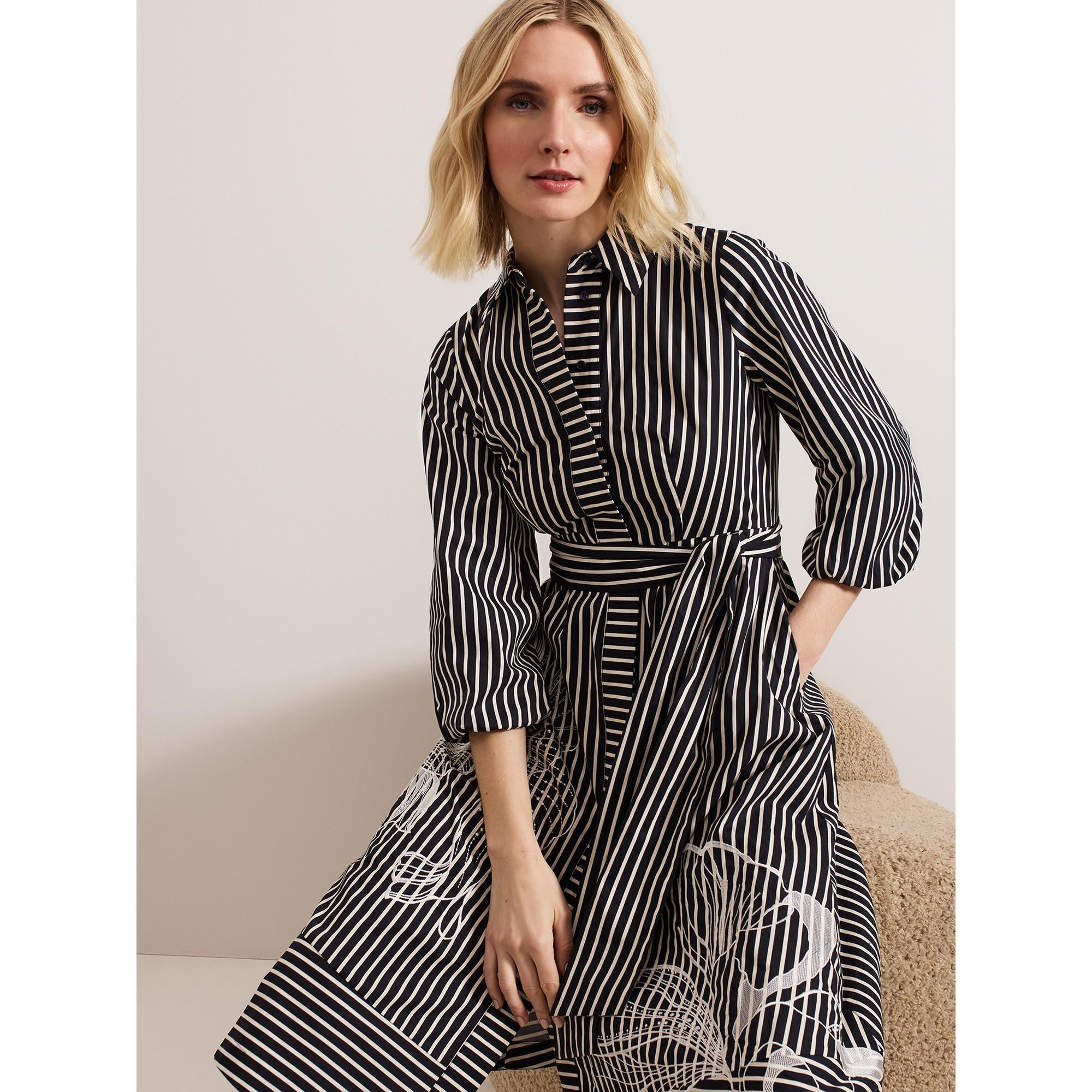 Phase Eight Corina Gestreiftes Midi Hemdblusenkleid mit Puffärmeln