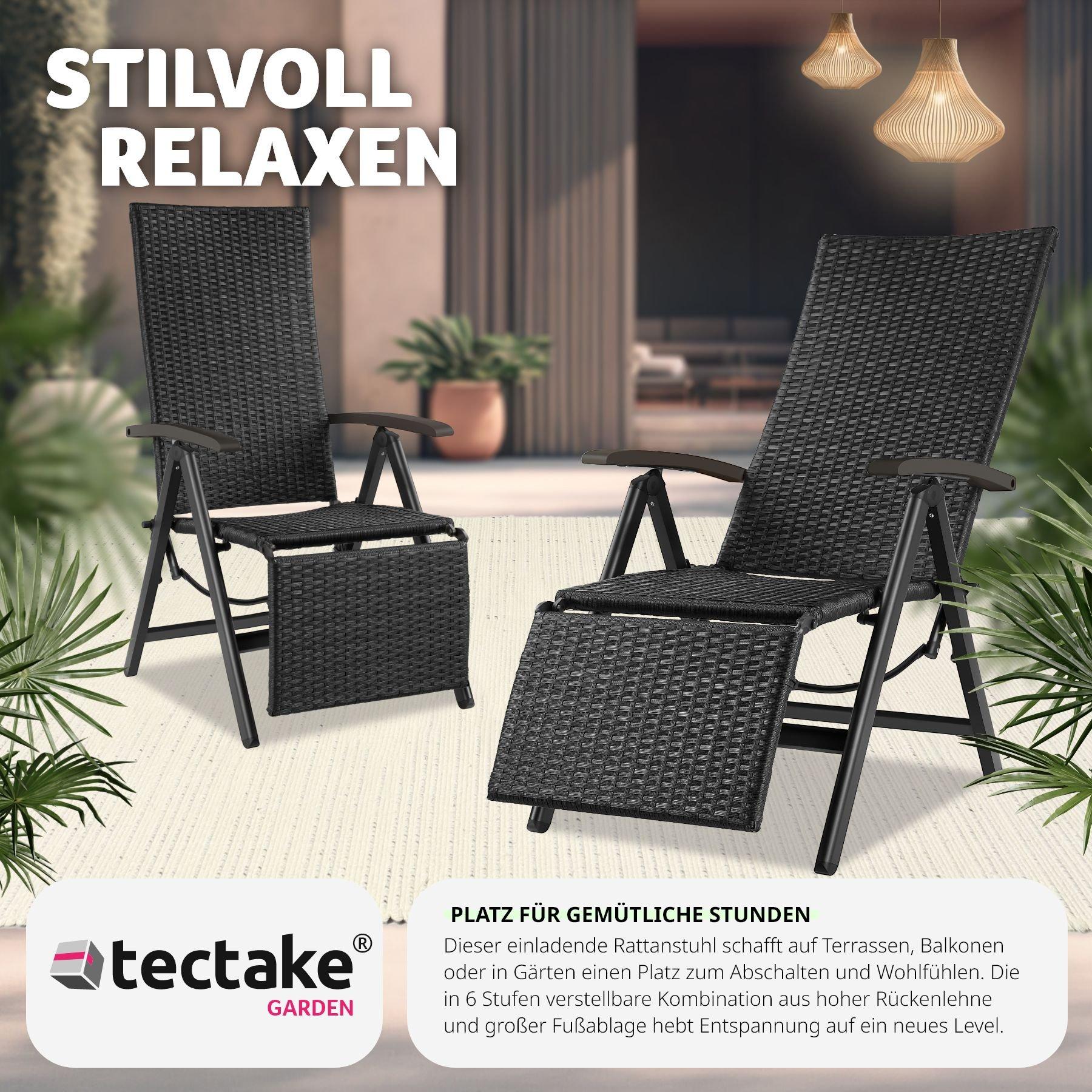 Tectake Rattanstuhl Brisbane klappbar mit Aluminiumgestell und Fussablage