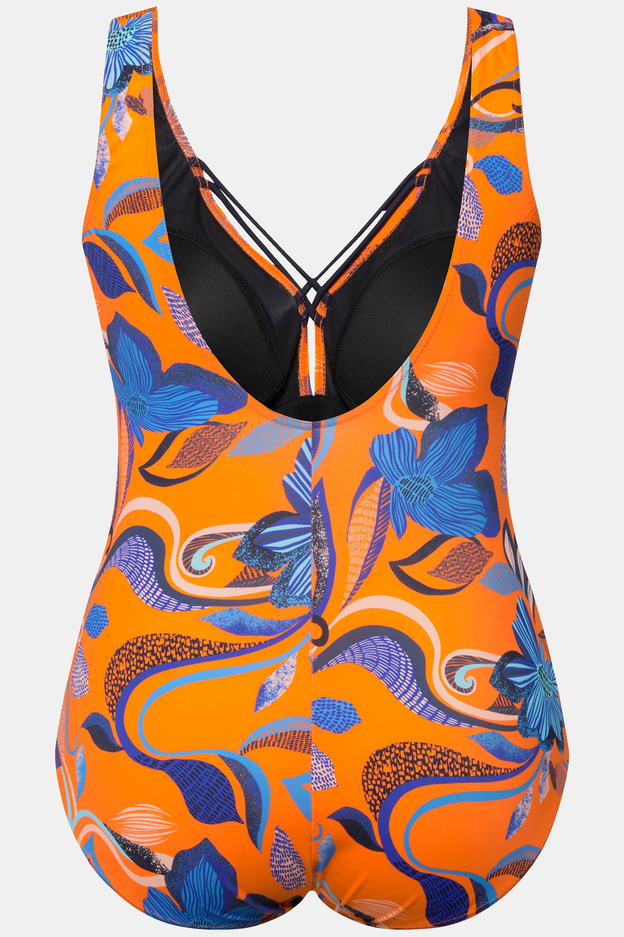 Ulla Popken Badeanzug, Blüten, Zierbänder, Softcups