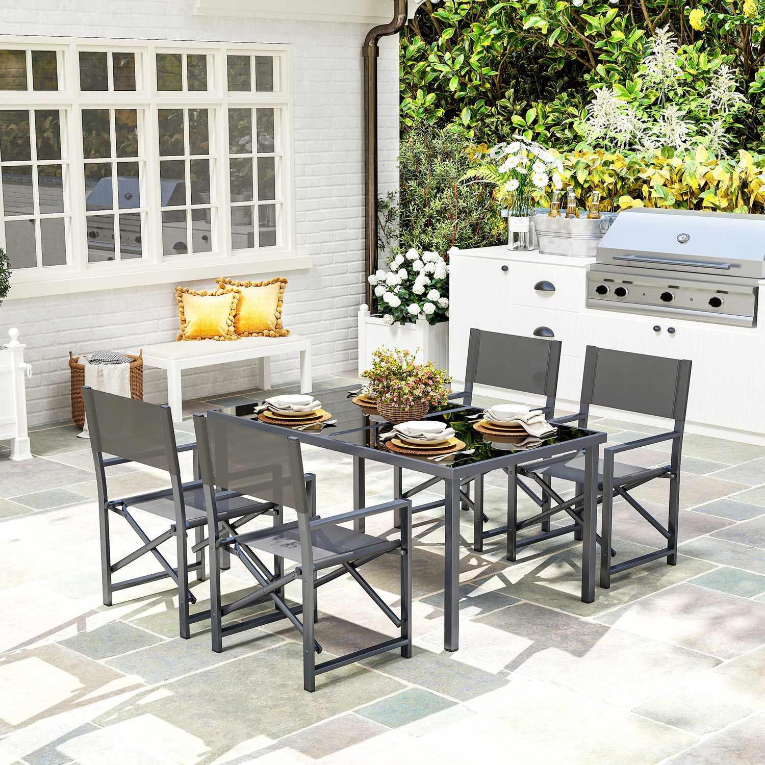 Northio Sitzgruppe 5-teilig Essgruppe Stahl für 4 Personen Esstisch mit 4 klappbar Stühlen Esszimmergruppe mit Glastisch Küchentisch-Set Balkonmöbel Gartenmöbel für Terrasse, Balkon Grau |