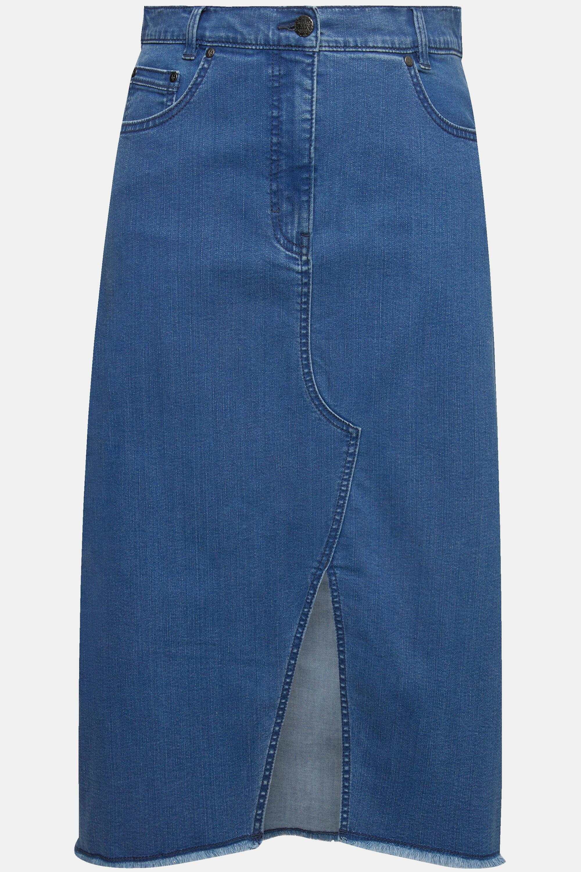 Ulla Popken Jeansrock, Saumschlitz, A-Linie, Fransensaum