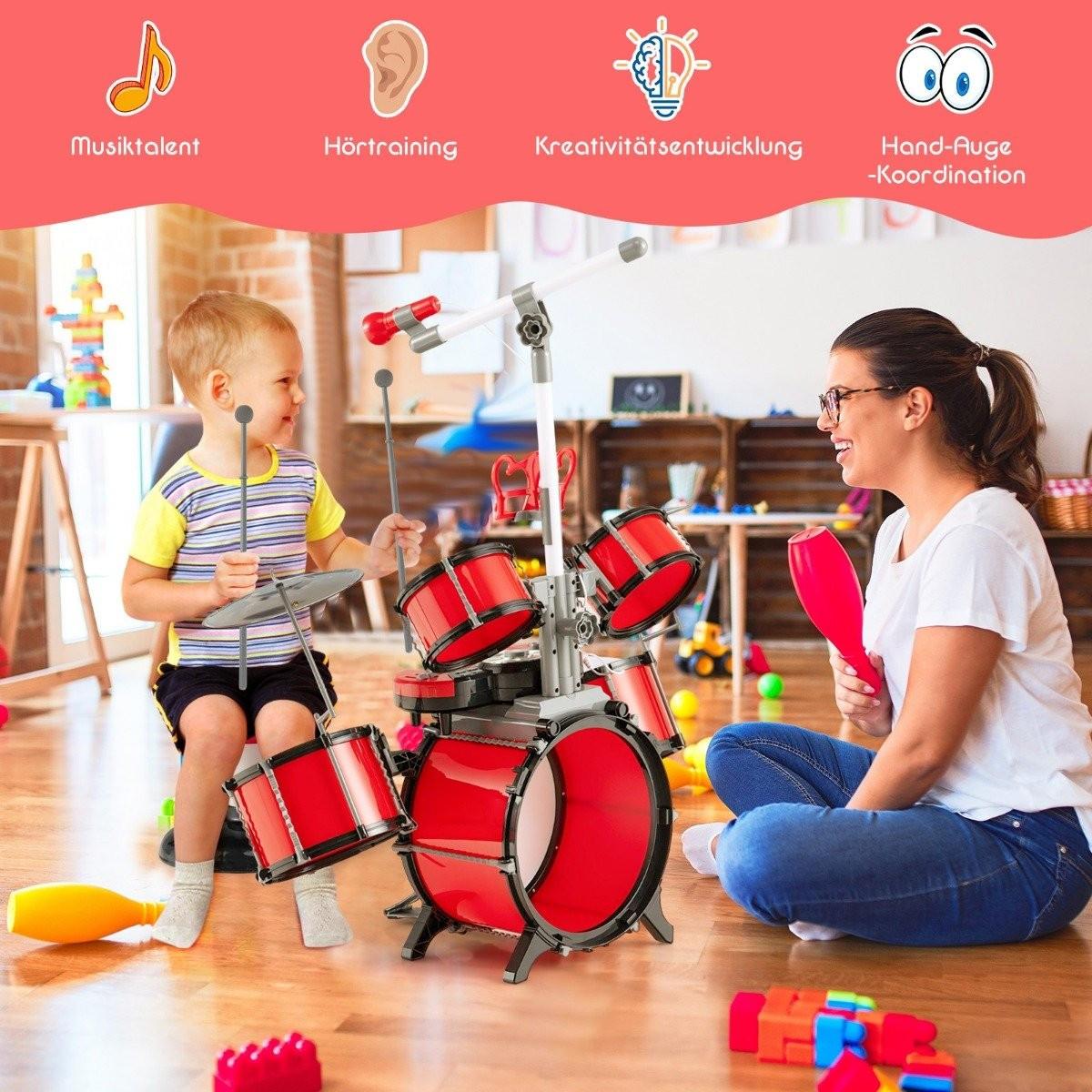 Northix Schlagzeug Kinder Schlagzeugset mit Keyboard Hocker Mikrofon Notenstände Rot