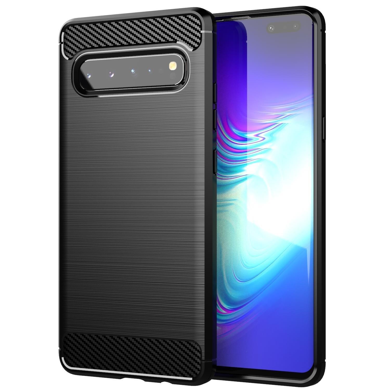 Cadorabo Hülle für Samsung Galaxy S10 5G TPU Silikon Edelstahl-Karbonfaser Optik