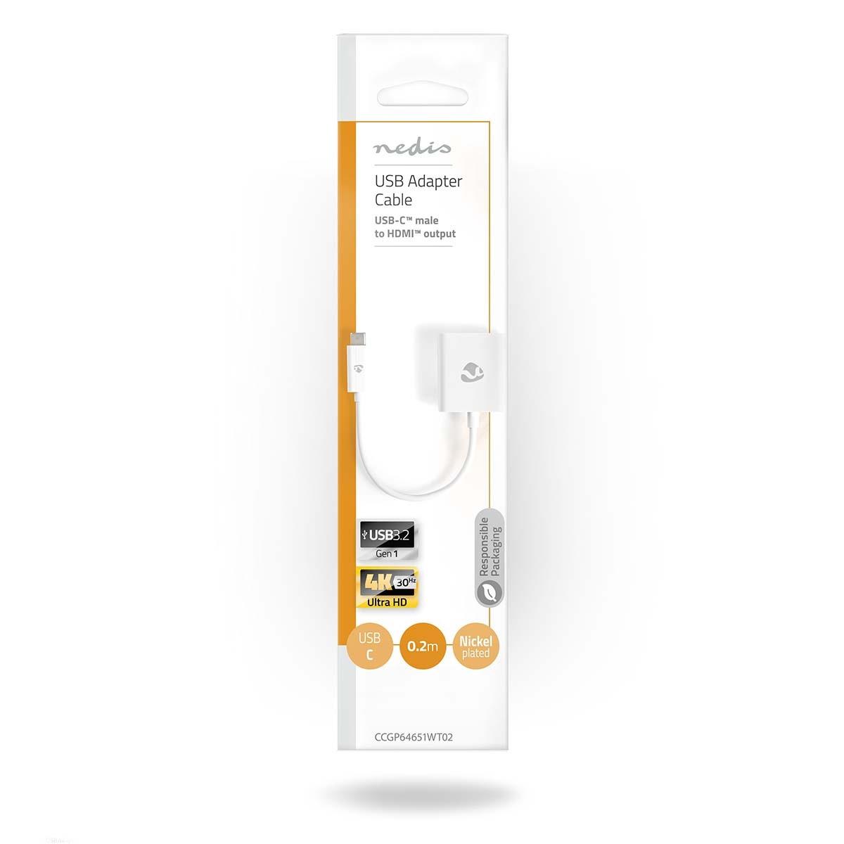 Nedis USB-C™ Adapter | USB 3.2 Gen 1 | USB-C™ Stecker | HDMI™ Buchse | 4K@30Hz | 0,20 m | Rund | Vernickelt | PVC | Weiß | Plastiktüte