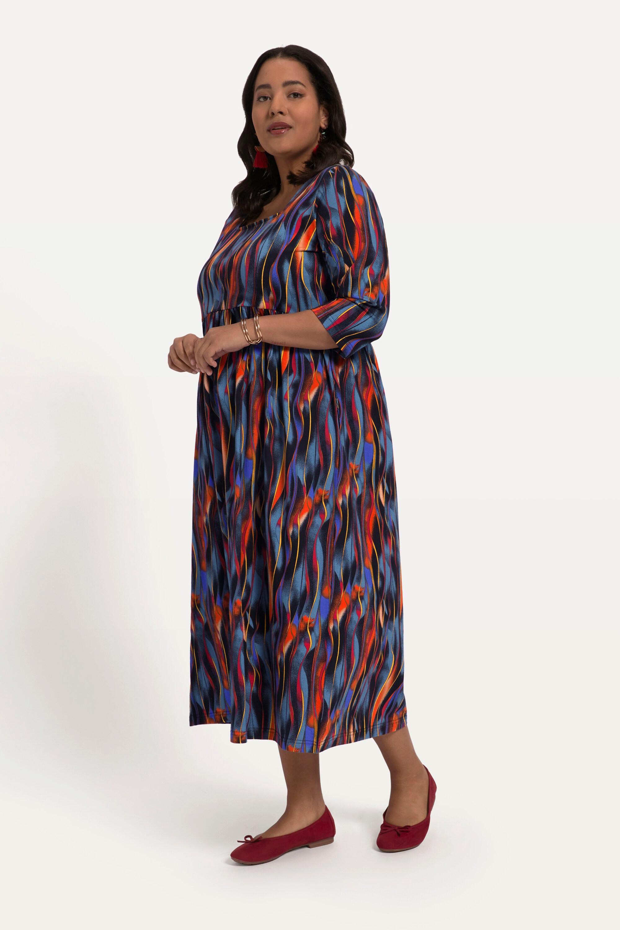 Ulla Popken Jersey A-Linien Streifenkleid mit Empirenaht Carree-Ausschnitt und 3/4-Arm