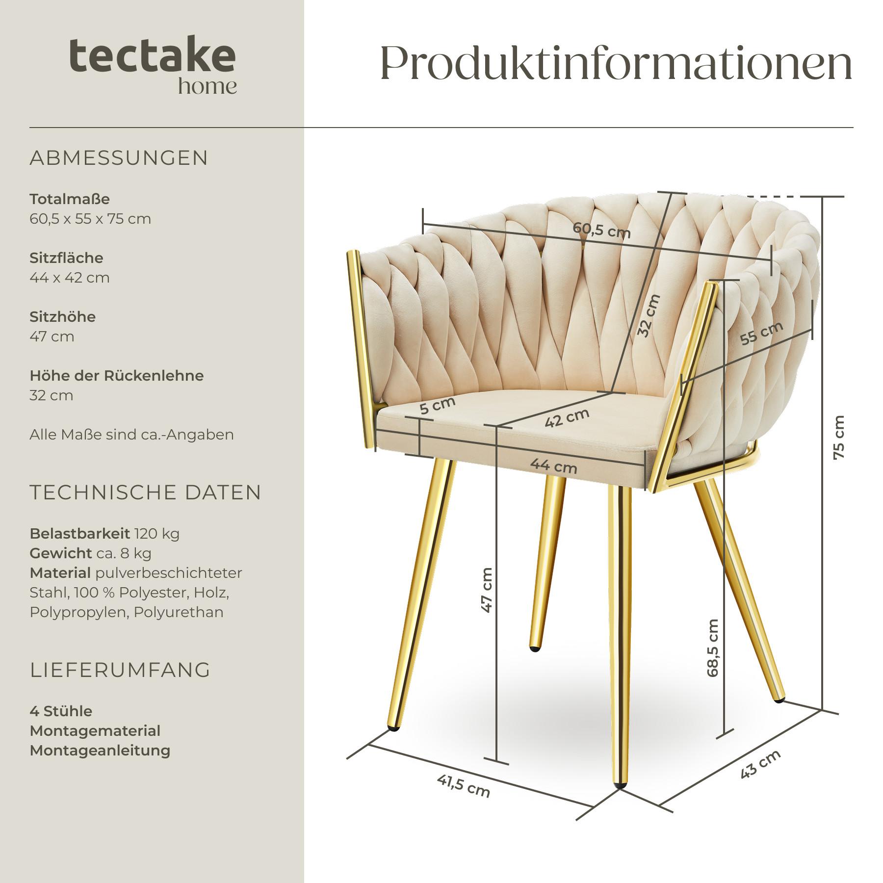 Tectake Set Esszimmerstuhl gepolstert, mit Samtbezug, Knotendesign durchgehende Lehne