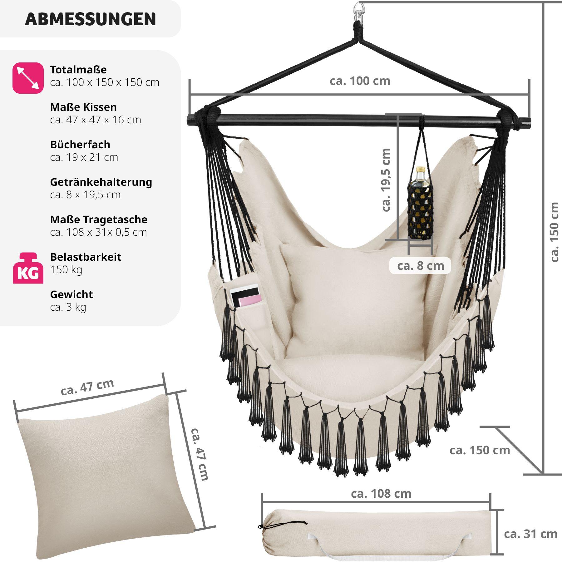 Tectake Hängesessel Malika, Boho-Style, Belastbarkeit 150kg