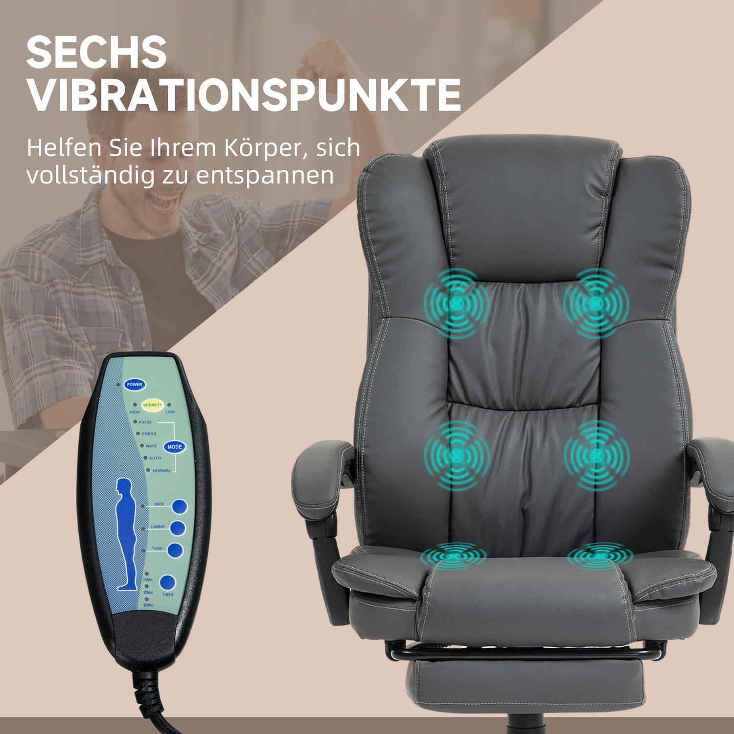 Northio Bürostuhl Chefsessel Drehstuhl Anhebbar mit Fußstütze Kopfstütze Ergonomischer Stuhl Vibration Schreibtischstuhl mit Liegefunktion Massagefunktion Kunstleder Dunkelgrau 68,5x68,5x113-121cm