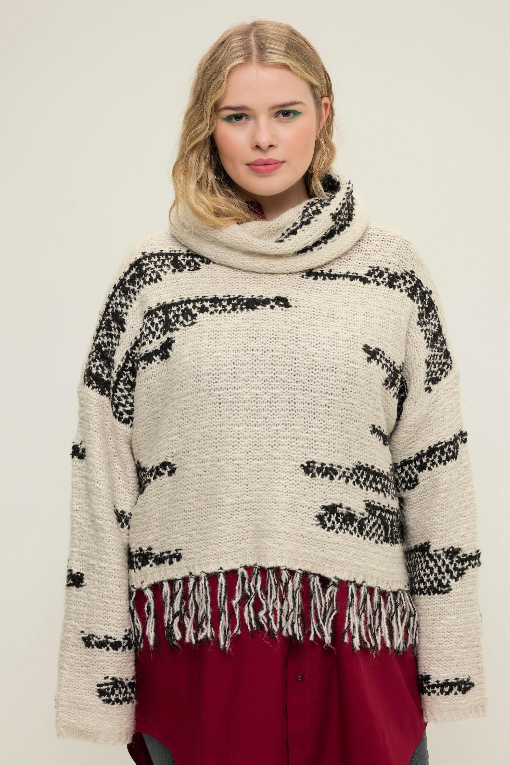 Studio Untold Rollkragen-Pullover, oversized, Jacquard-Strick, Fransensaum