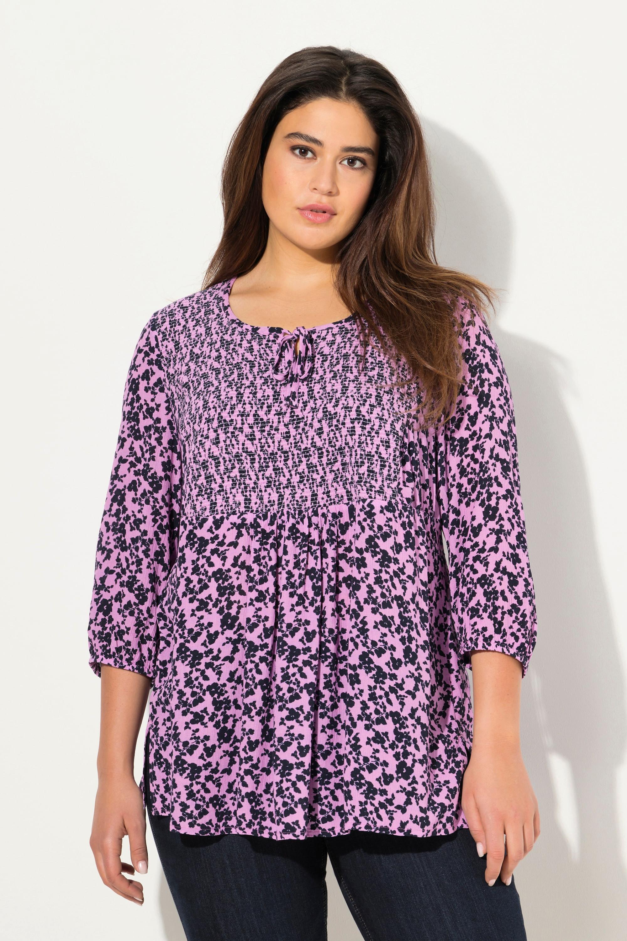 Ulla Popken Smokbluse Blüten A-Linie Rundhals 3/4-Arm