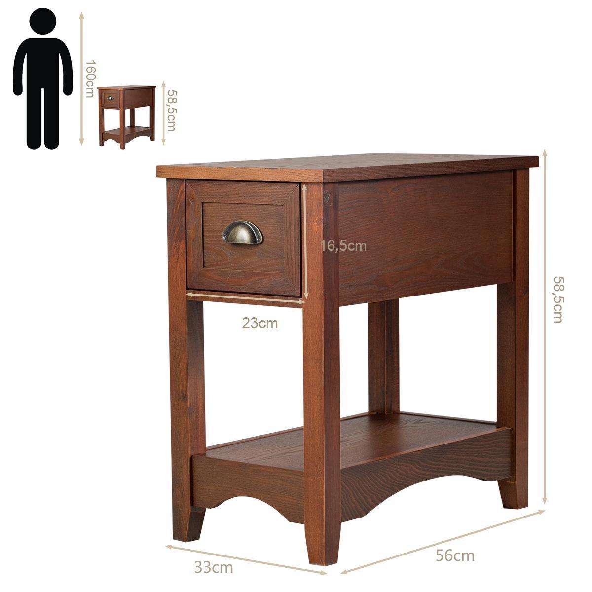 Northix Retro Beistelltisch mit Schublade & Ablage Gummiholzbeine für Wohnzimmer & Schlafzimmer Rotbraun