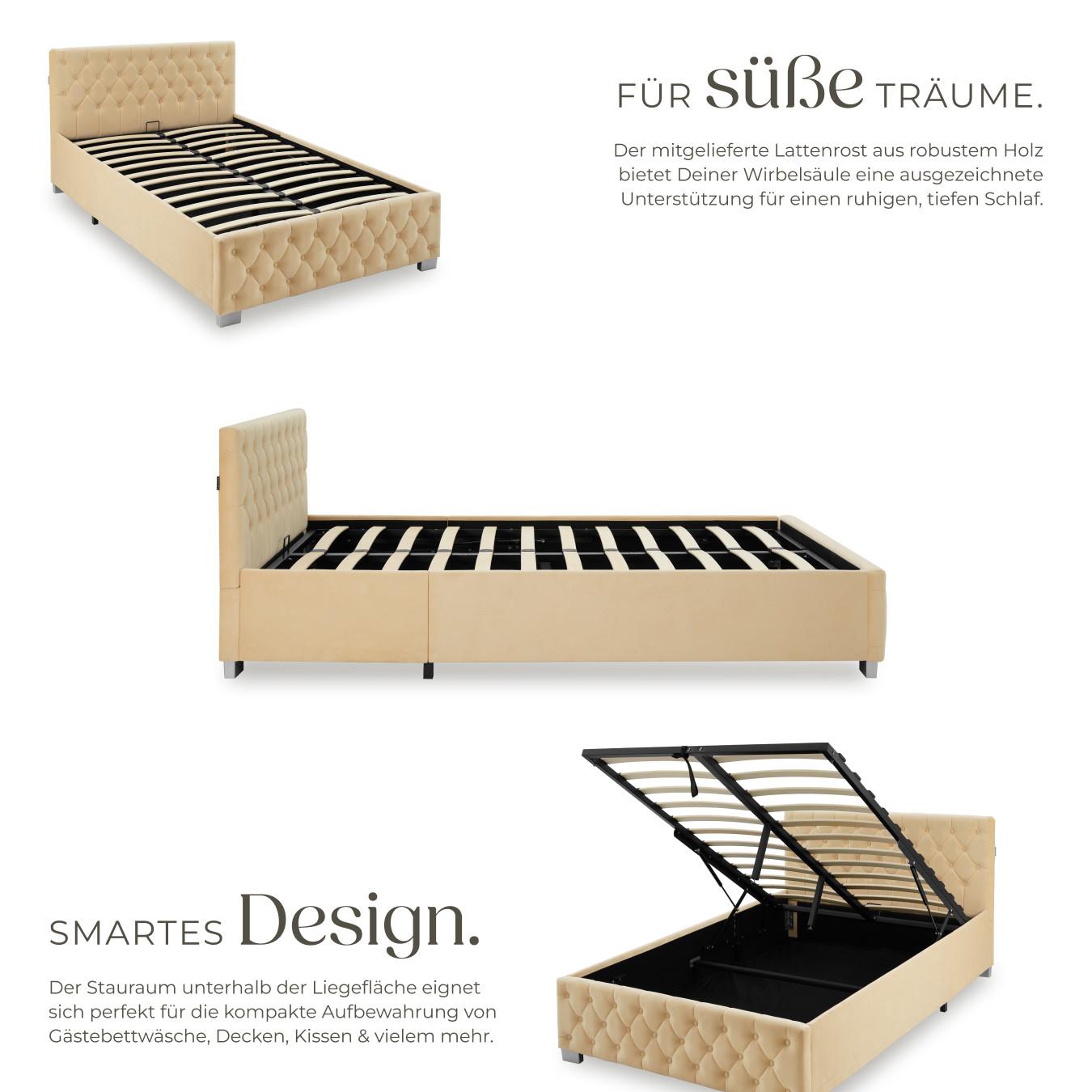 Tectake Polsterbett mit LED-Leisten & Stauraum 120 x 200 cm