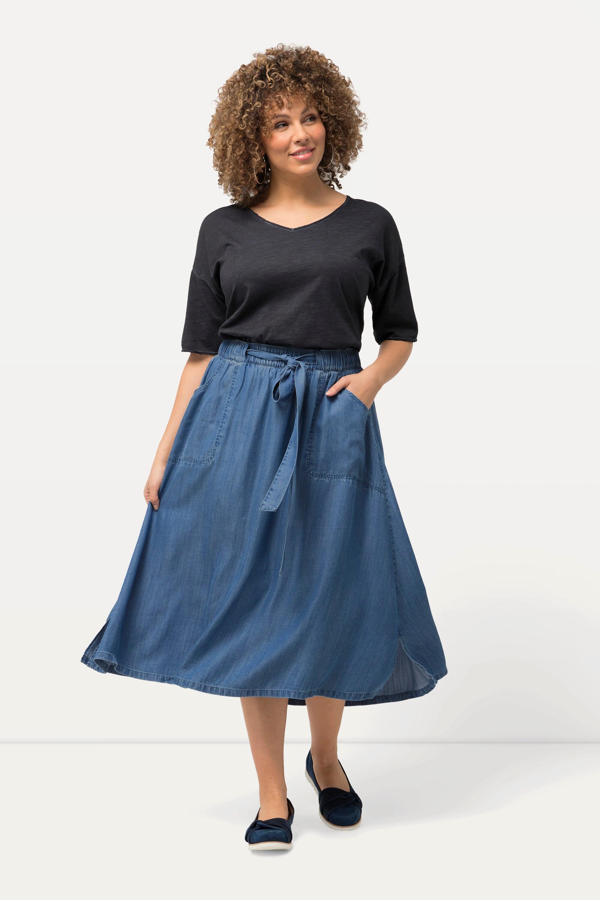 Ulla Popken Lyocell-Rock, Jeansoptik, A-Linie, Saumschlitz