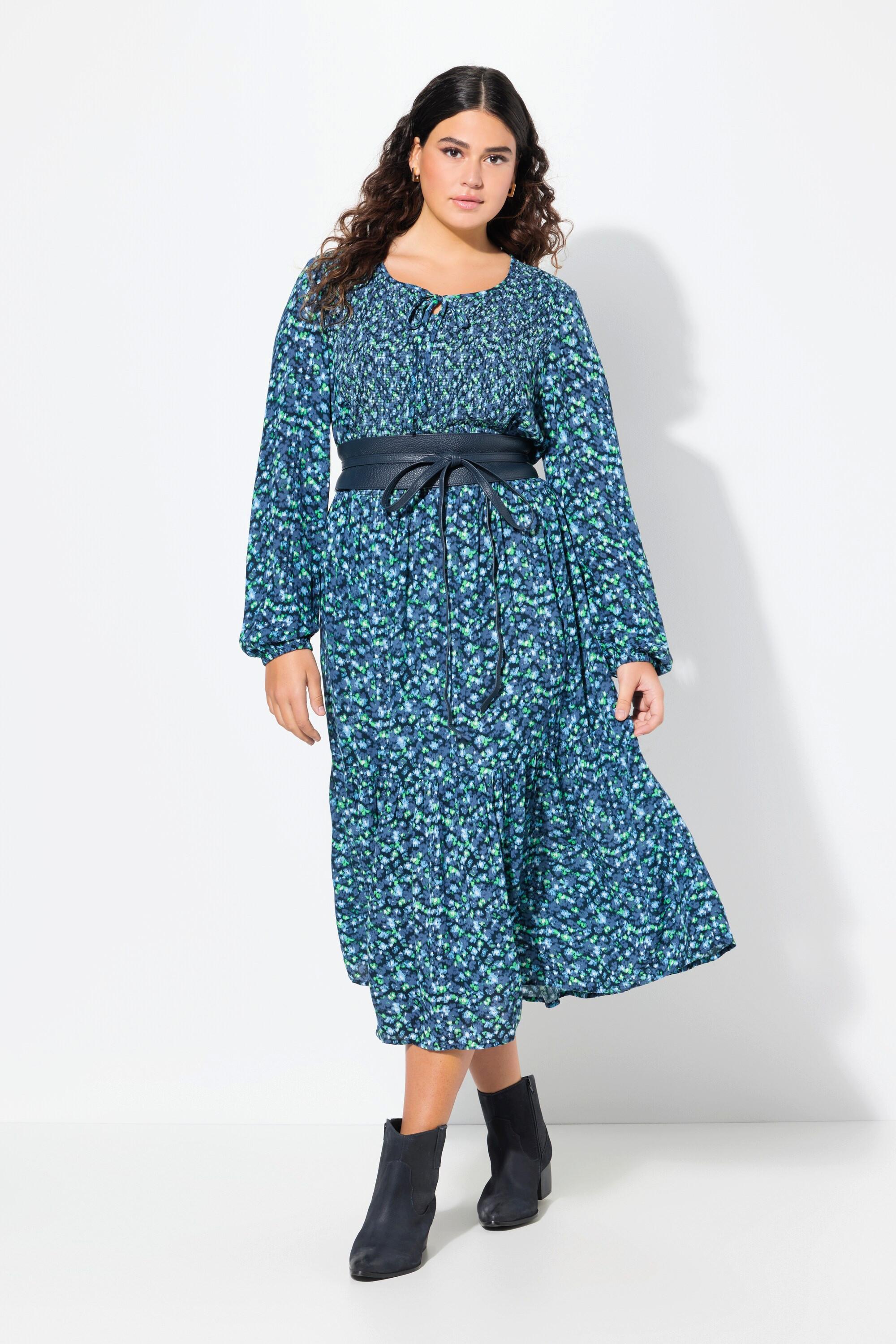 Ulla Popken Blüten A-Linie Rundhals Langarm Midikleid