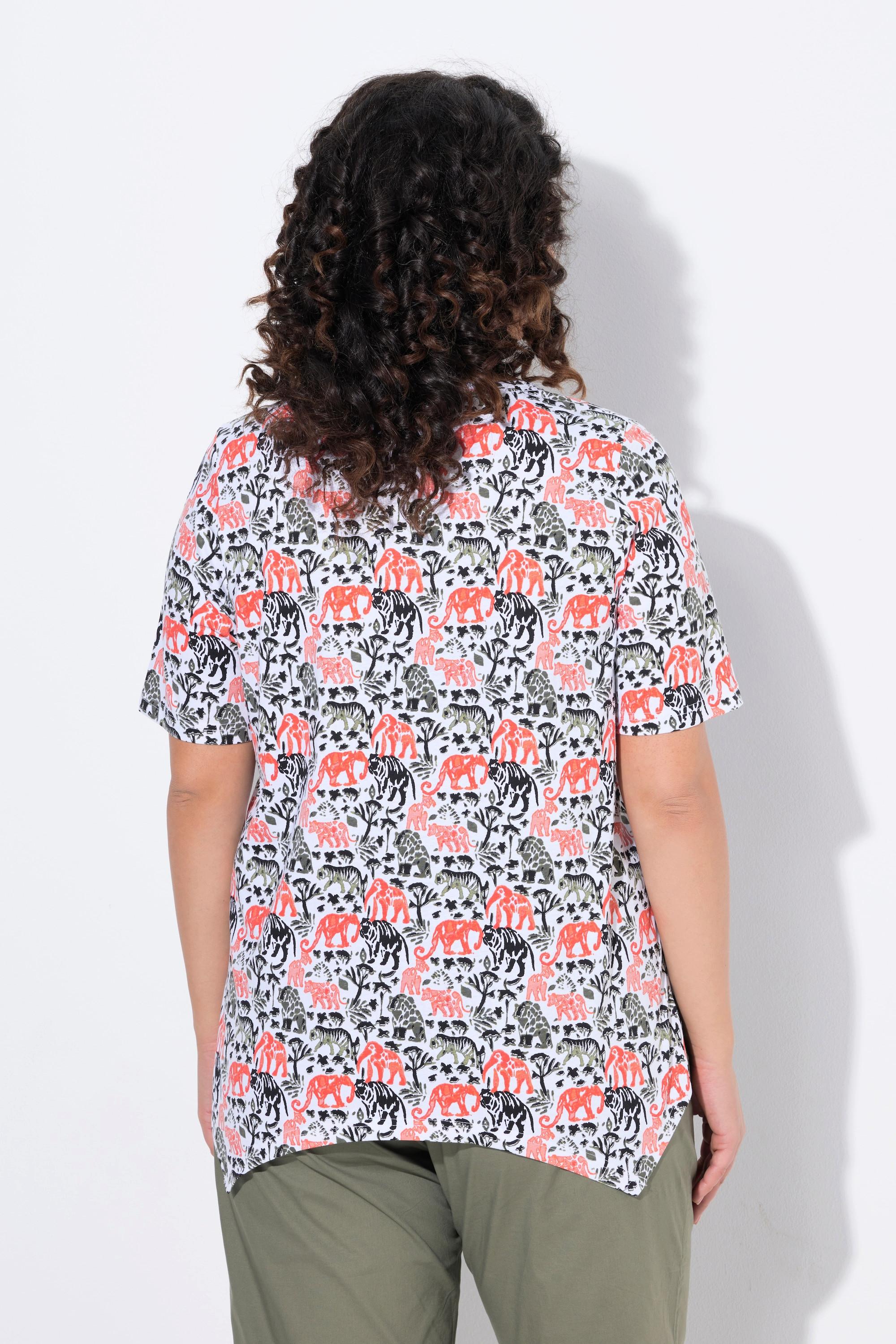 Ulla Popken Tierdruck A-Linie Zipfelsaum V-Ausschnitt Halbarm T-Shirt