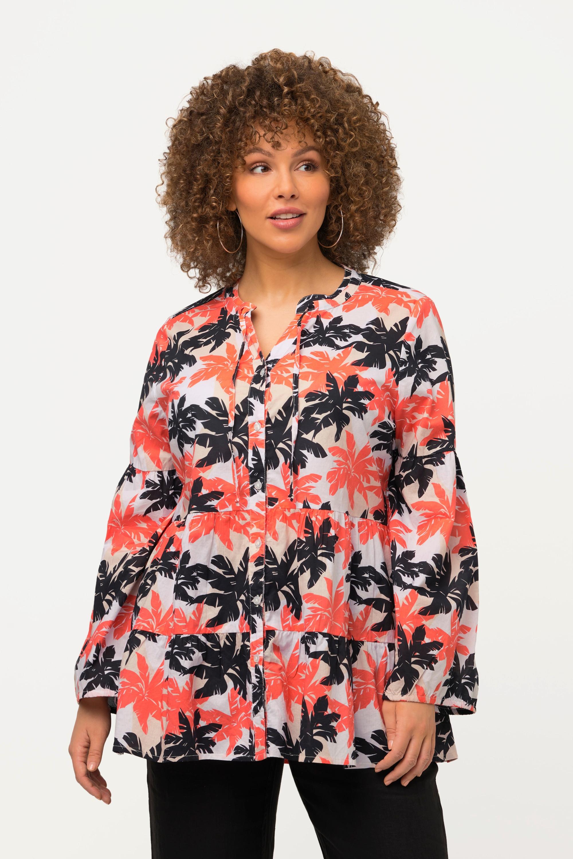 Ulla Popken Tunika Palmen A-Linie Volants Rundhals Langarm