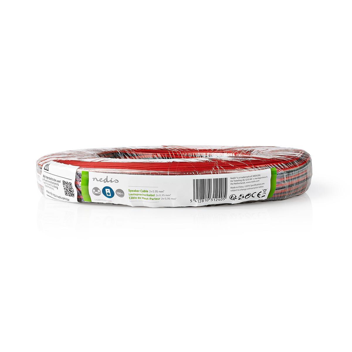 Nedis Lautsprecherkabel | 2x 0,35 mm² | CCA | 100,0 m | Rund | PVC | Rot / Schwarz | Emballage