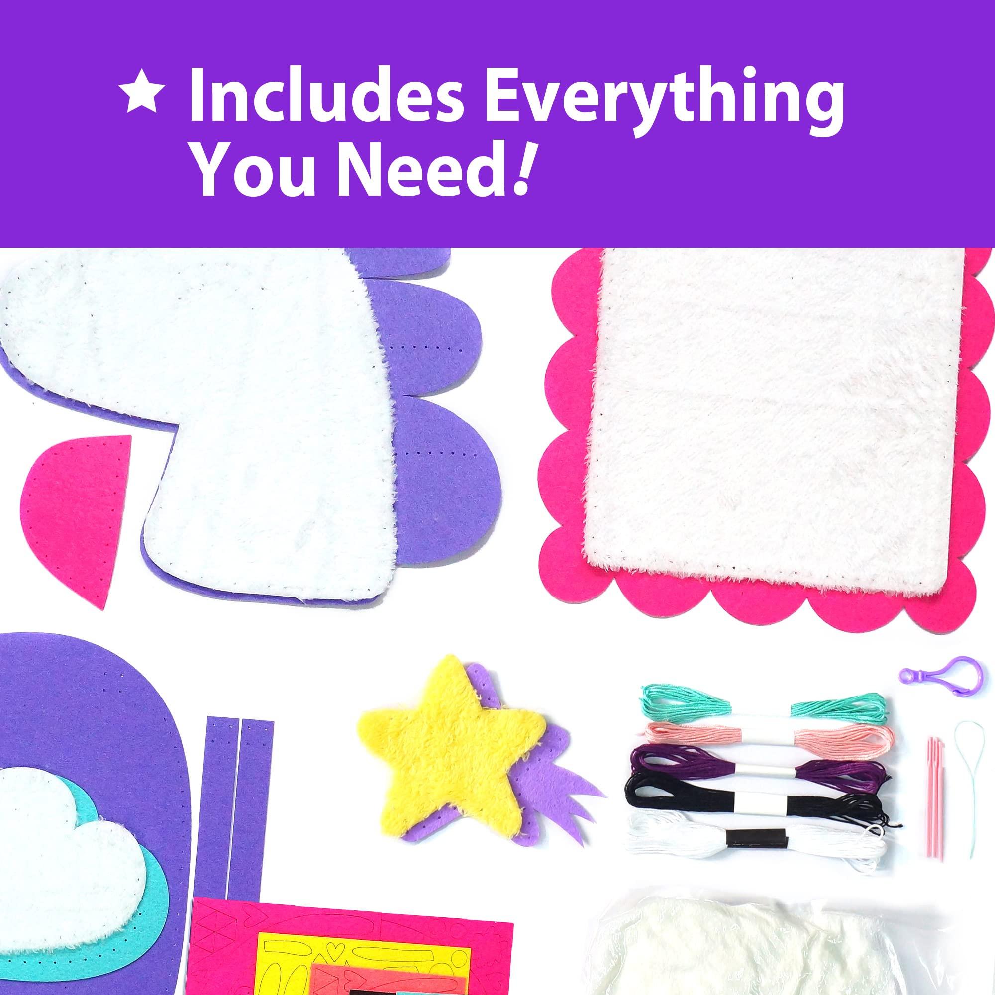 Activity-board My First Sewing Unicorn Nähset für Kinder, 5 niedliche Projekte mit Stofftier, Kissen, Mobile, Schlüsselanhänger und Tasche, Anleitung und Filz