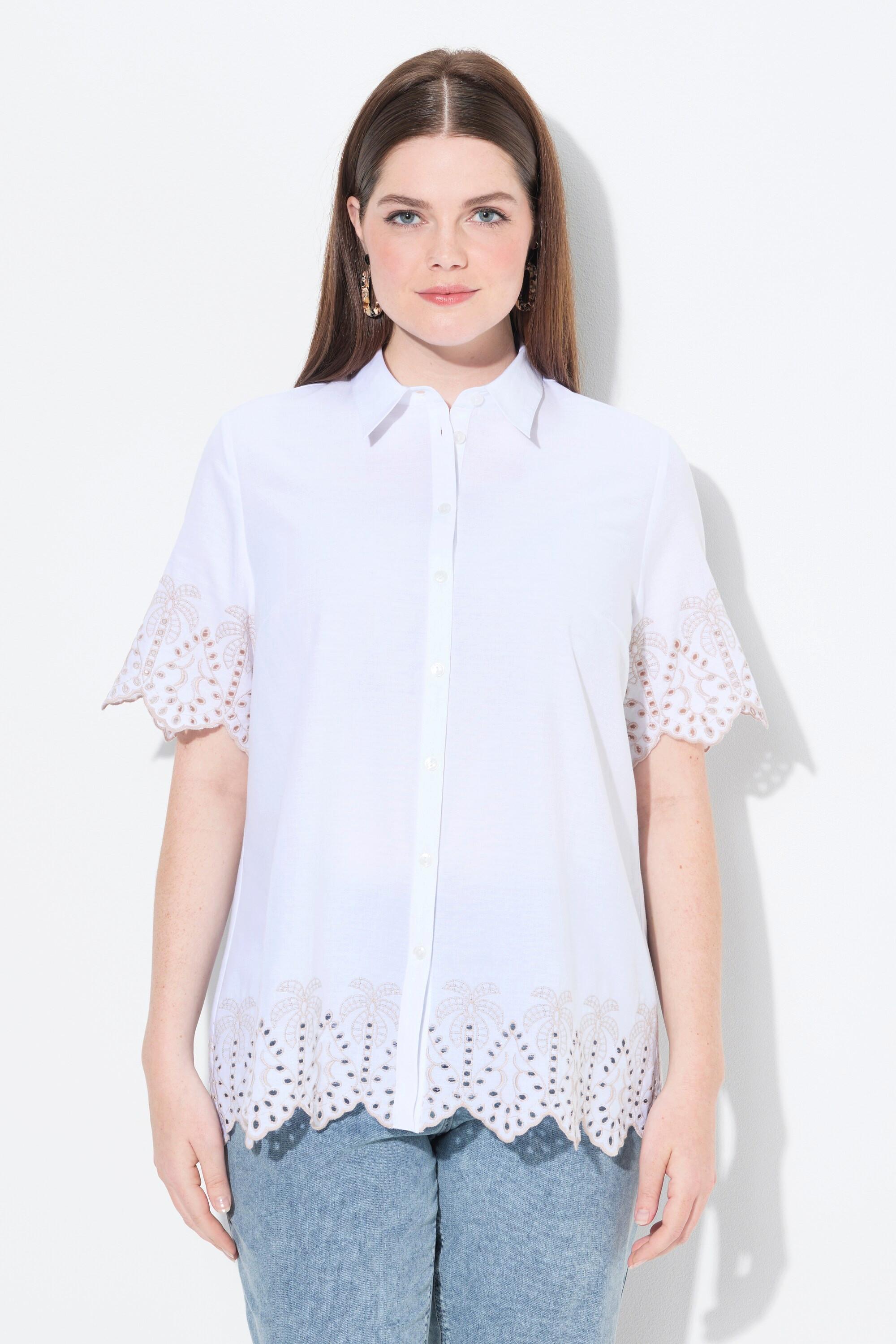 Ulla Popken Shirtbluse mit Palmenstickerei und Hemdkragen