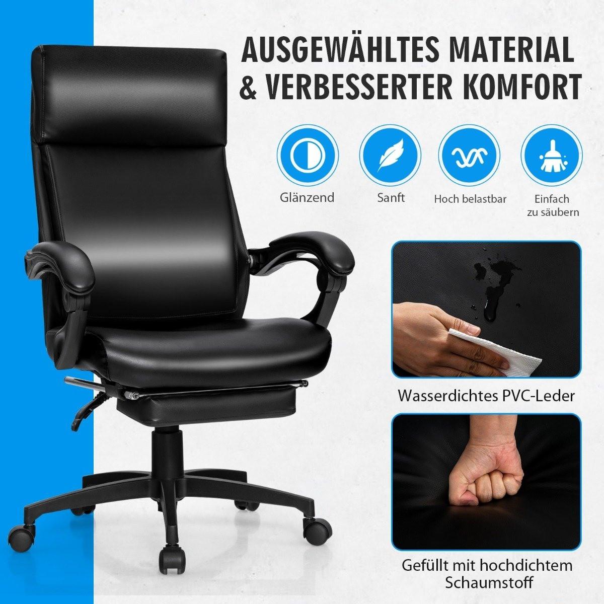 Northix Höhenverstellbarer Chefstuhl Drehstuhl mit Kopfstütze & Einziehbarer Fußstütze Schwarz 360° drehbar 105-145° verstellbar