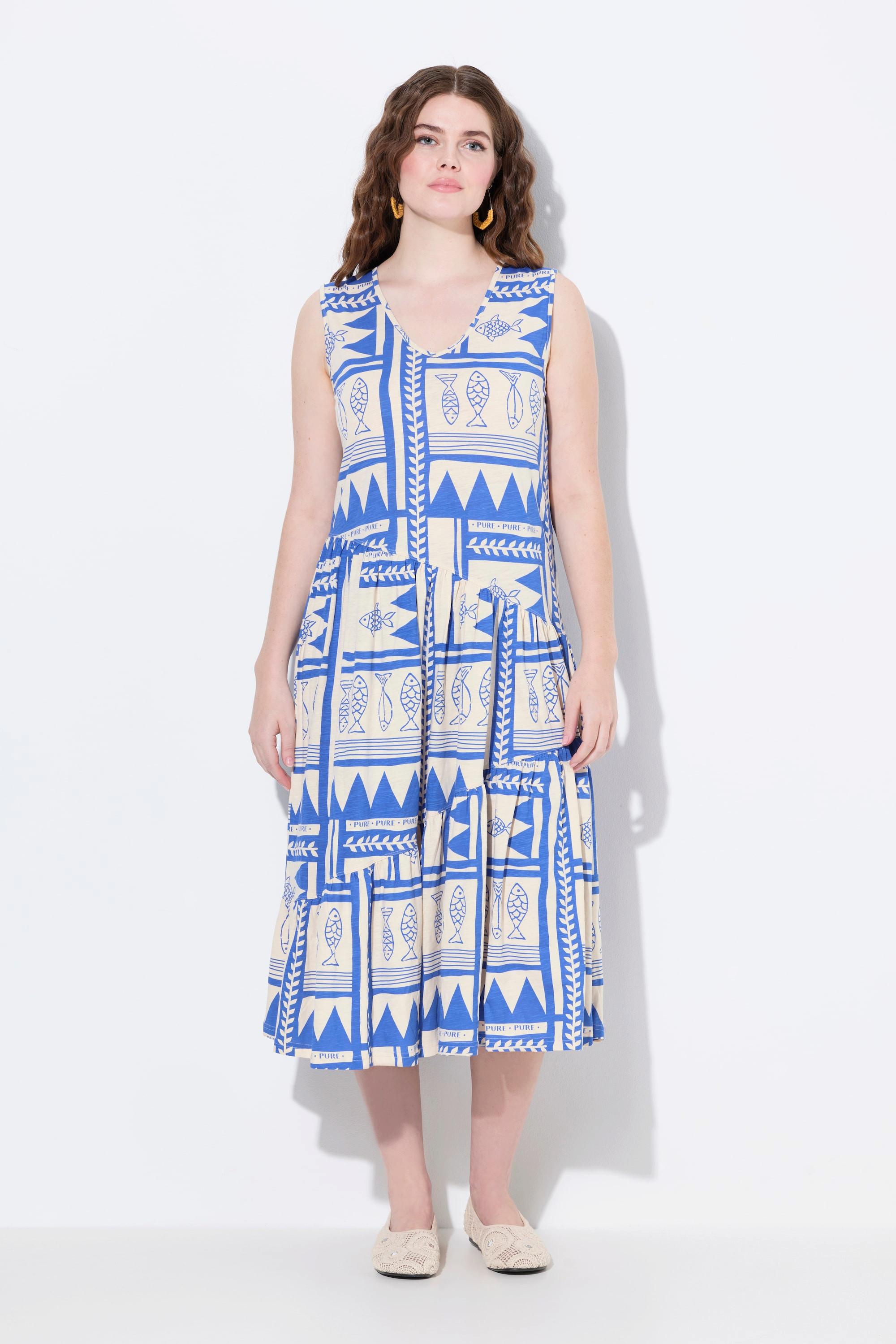 Ulla Popken Midi Jersey Fisch Print Ärmelloses V-Ausschnitt Kleid