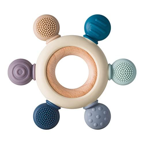 Activity-board Beißring aus Silikon BPA-frei Baby Beißring Spielzeug Baby Rudergreifling Baby Beißring Stillzubehör mit Holzring
