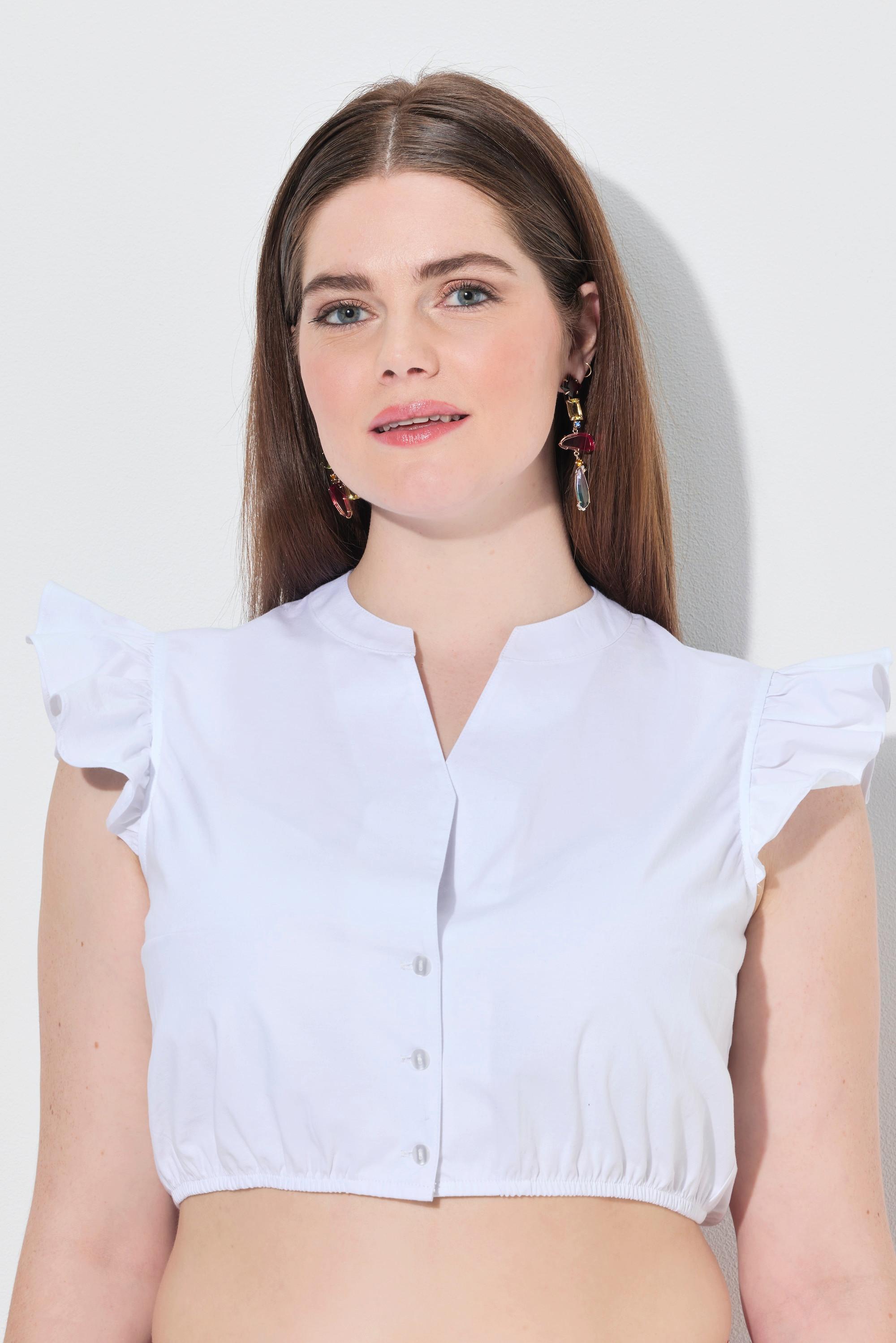 Ulla Popken Dirndlbluse, Ärmelrüsche, Stehkragen, Gummisaum
