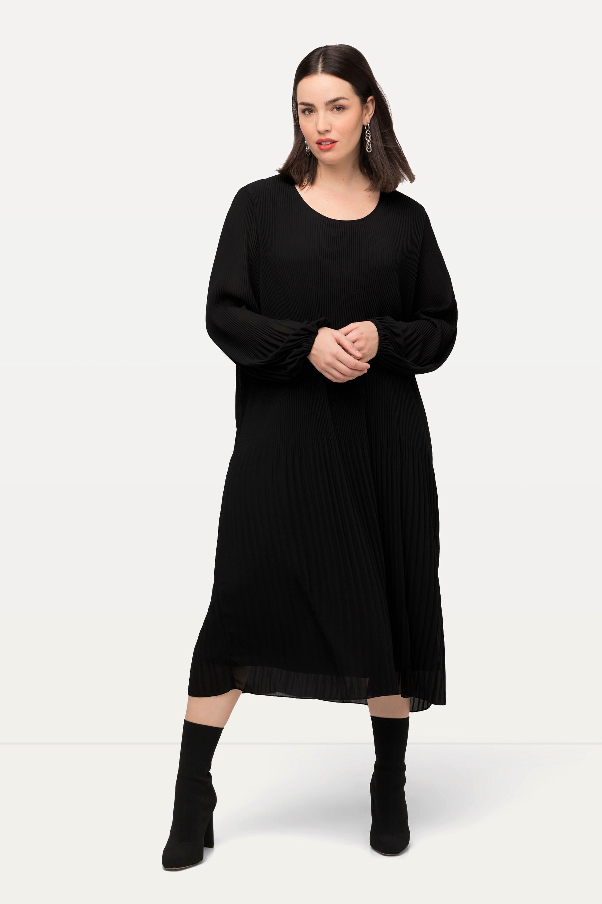 Ulla Popken Plissee Midikleid A-Linie Rundhals Langarm