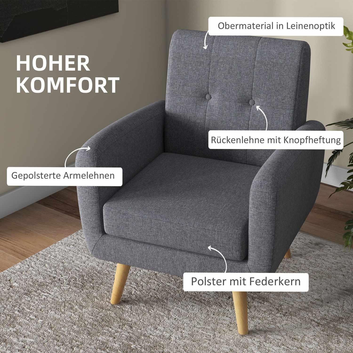 Northio Relaxsessel Fernsehsessel Polstersessel Mit Leinenoptik Sitzkissen, Holzbeine, Für Wohnzimmer, Schlafzimmer, Hellgrau