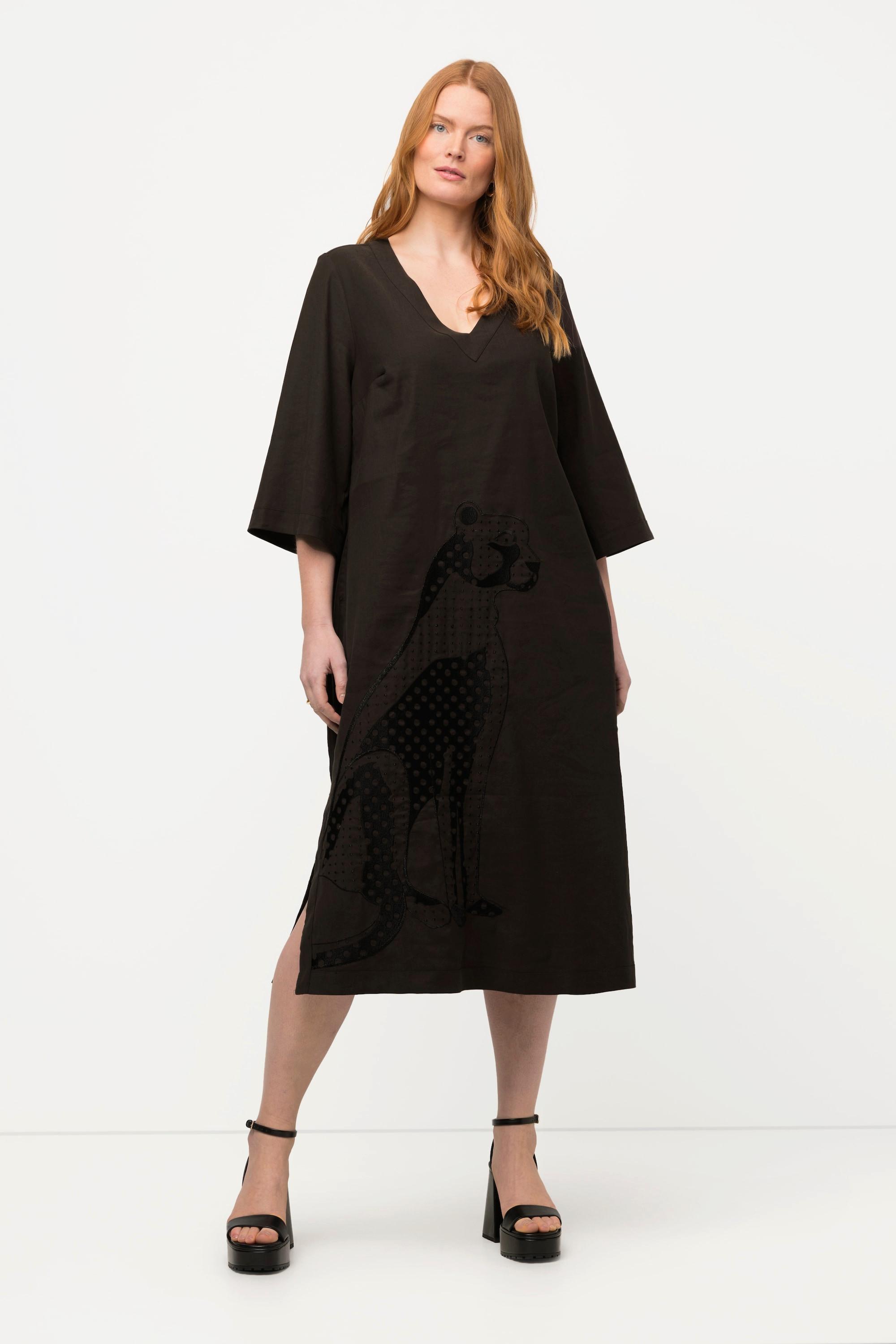 Ulla Popken Midikleid Leinenmix Stickerei V-Ausschnitt 3/4-Arm