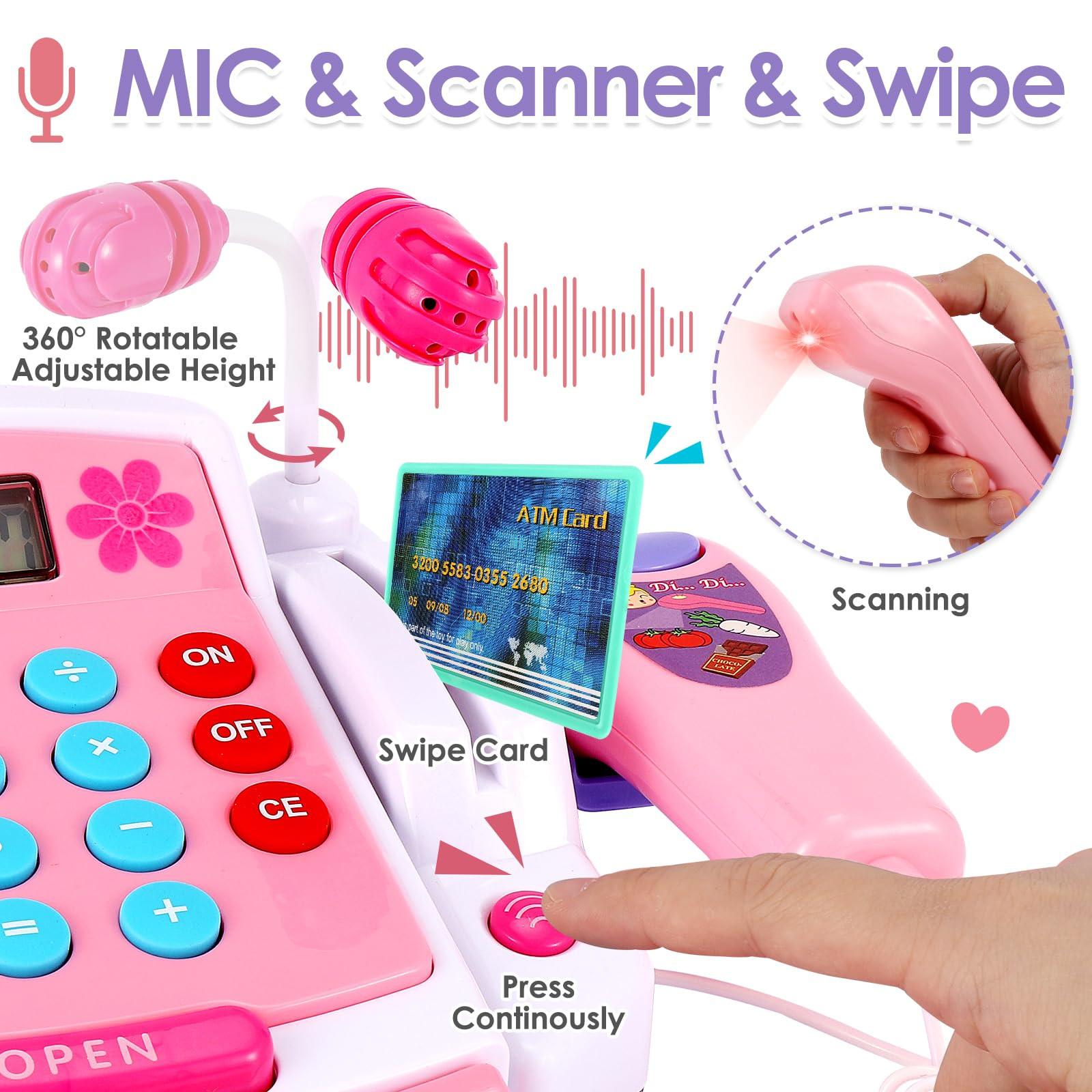 Activity-board Großes Kinder-Kassenspielzeug mit Scanner, Waage, Lautsprechermikrofon, Taschenrechner, Spielkasse mit Licht und Sound, Laden-Zubehör