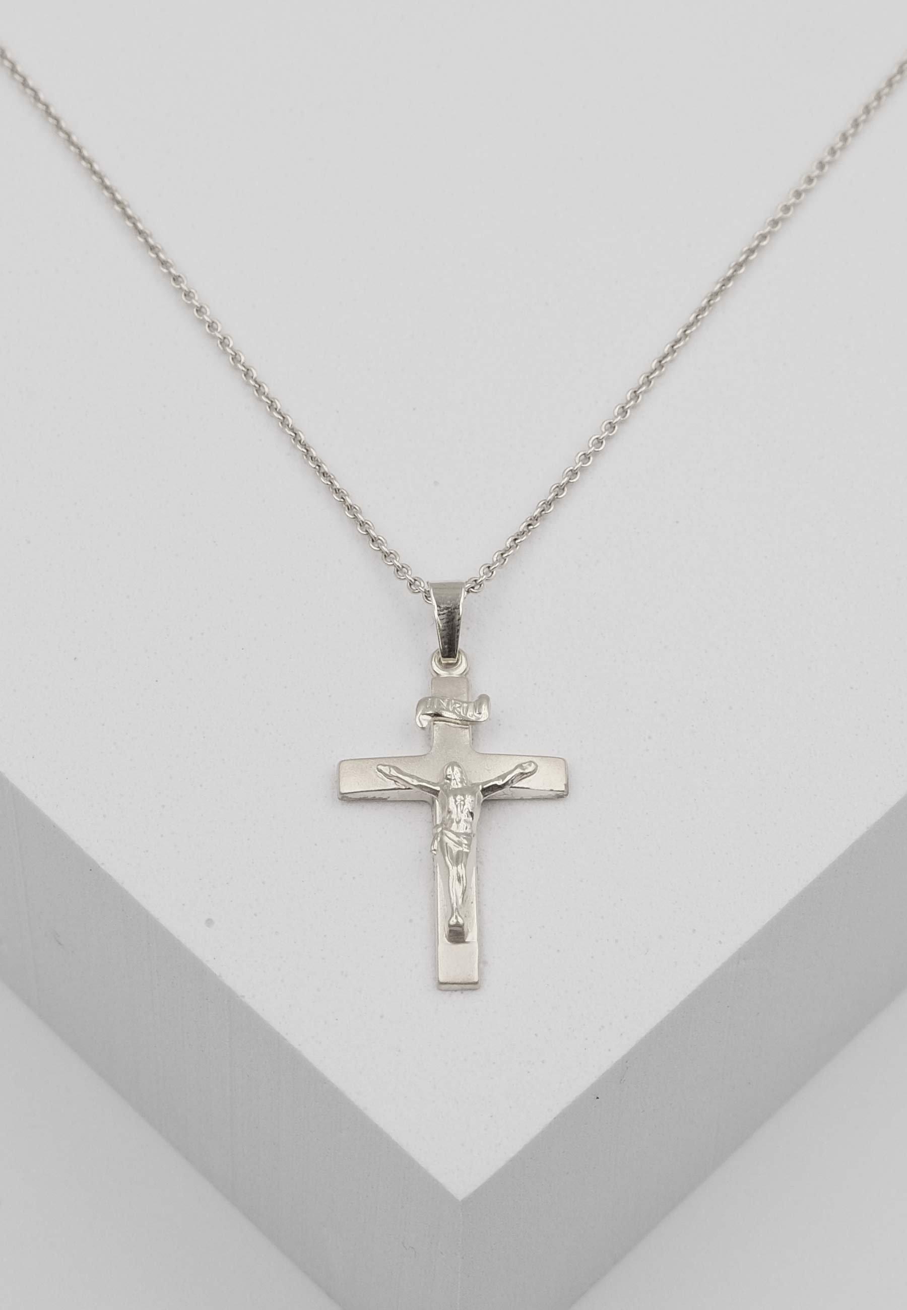 MUAU Schmuck Anhänger Kreuz Weissgold 750 Christus 32x16mm