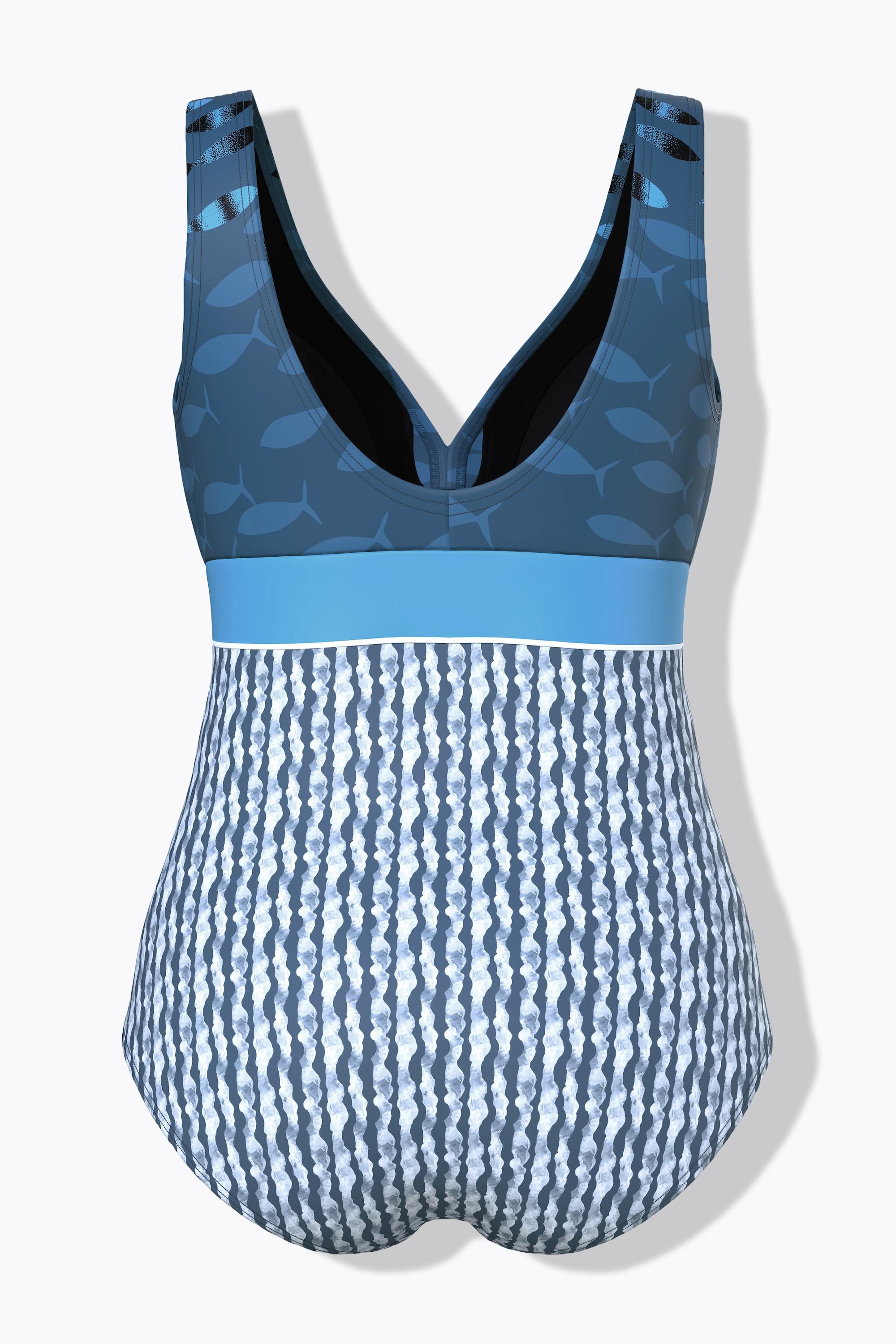Ulla Popken Badeanzug, Fische, Softcups, V-Ausschnitt, recycelt