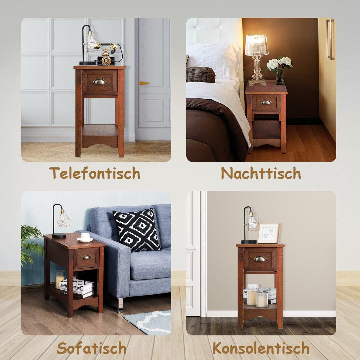 Northix Retro Beistelltisch mit Schublade & Ablage Gummiholzbeine für Wohnzimmer & Schlafzimmer Rotbraun