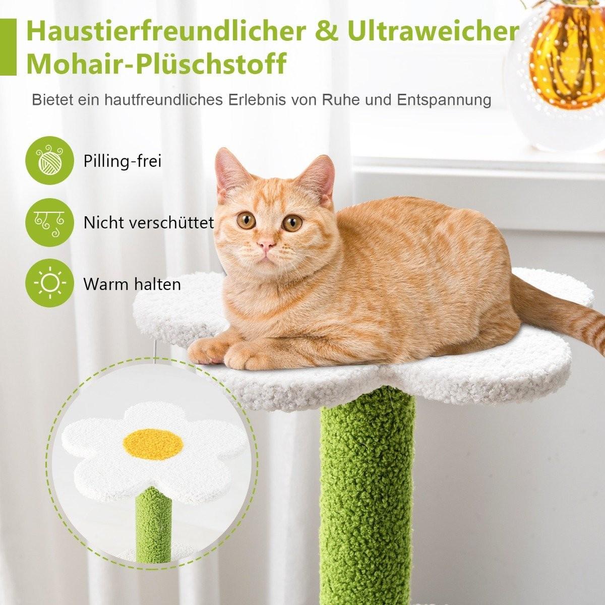 Northix Klein Kratzbaum mit blumenförmiger Sitzfläche & 2 Bällen & blattförmiger Kletterturm Grün+Blau