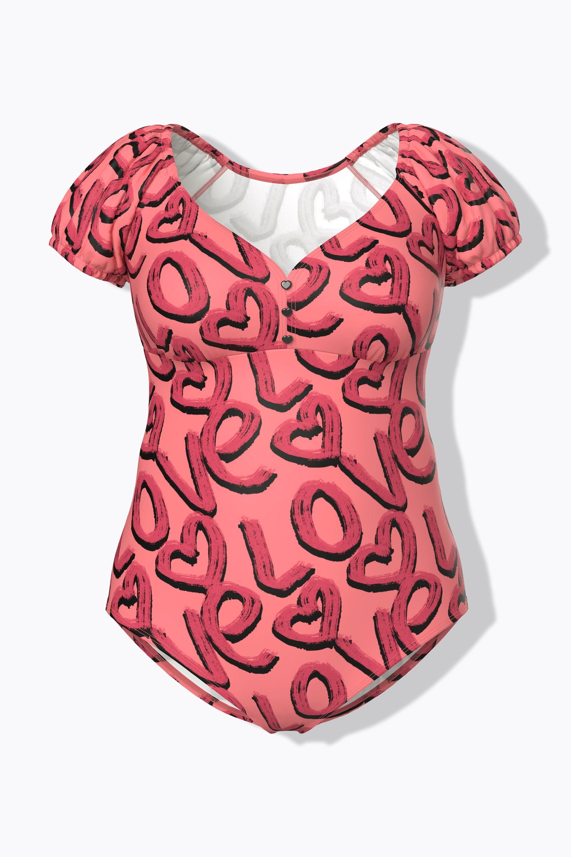 Ulla Popken Badeanzug, Love-Muster, Softcups, Puffärmel, recycelt